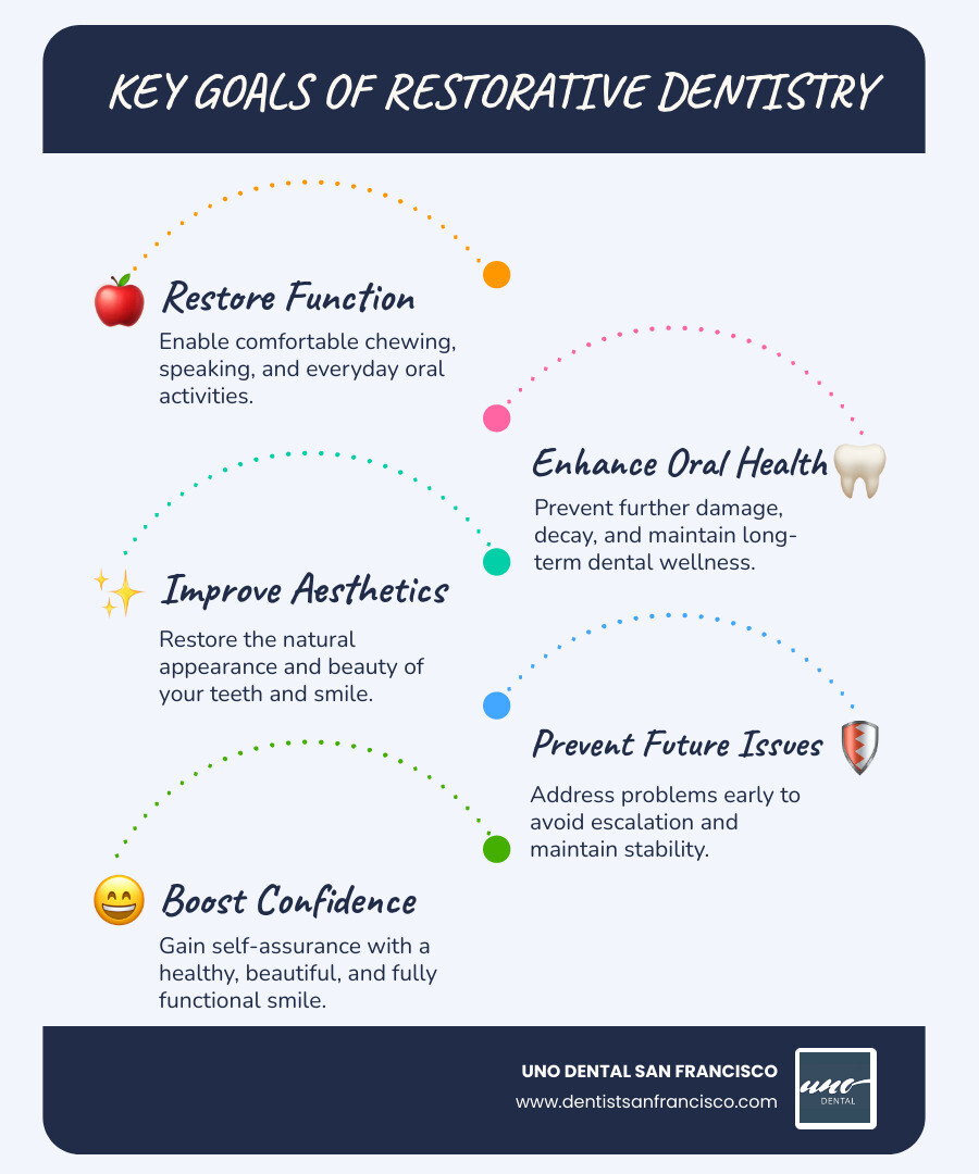 Infographic explaining the key goals of restorative dentistry: Function (easy chewing and speaking), Health (preventing decay and disease), Aesthetics (beautiful, natural-looking smile), and Prevention (stopping future dental issues). - restorative dentist infographic infographic-line-5-steps-blues-accent_colors Infographic explaining the key goals of restorative dentistry: Function (easy chewing and speaking), Health (preventing decay and disease), Aesthetics (beautiful, natural-looking smile), and Prevention (stopping future dental issues). - restorative dentist infographic infographic-line-5-steps-blues-accent_colors