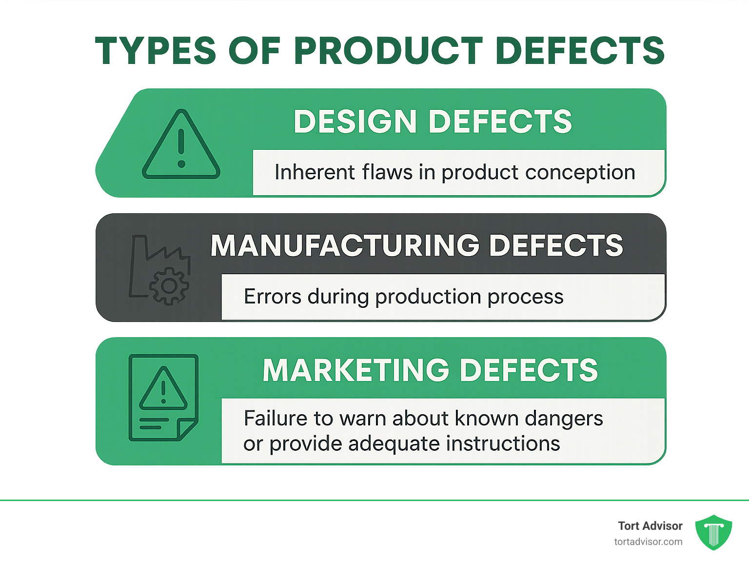 Infographic showing the three main types of product defects: Design Defects (inherent flaws in product conception), Manufacturing Defects (errors during production process), and Marketing Defects (failure to warn about known dangers or provide adequate instructions) - product liability lawyer new york infographic 