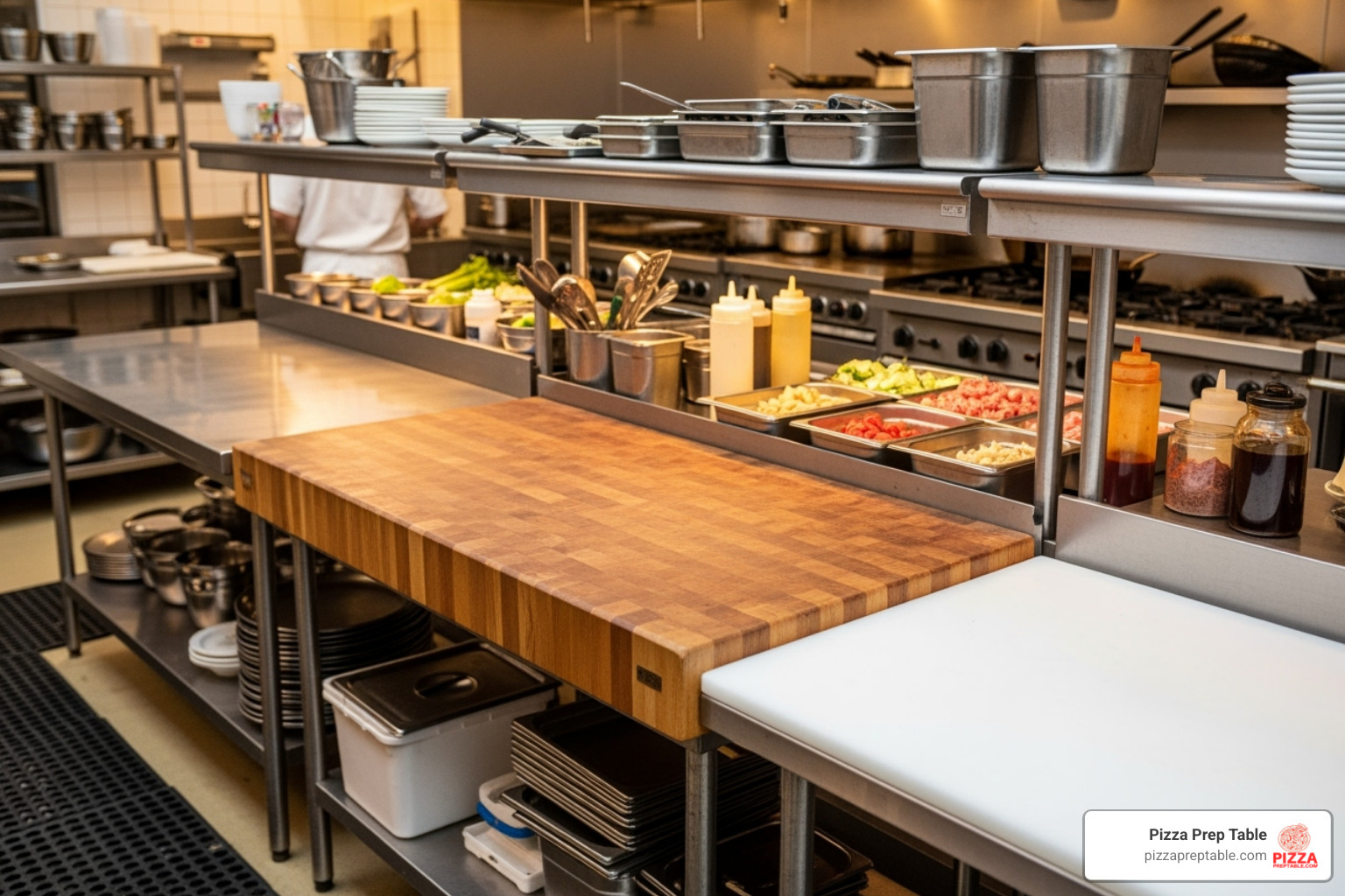 side-by-side comparison of a stainless steel, a wood top, and a poly top prep table - commercial kitchen prep table side-by-side comparison of a stainless steel, a wood top, and a poly top prep table - commercial kitchen prep table