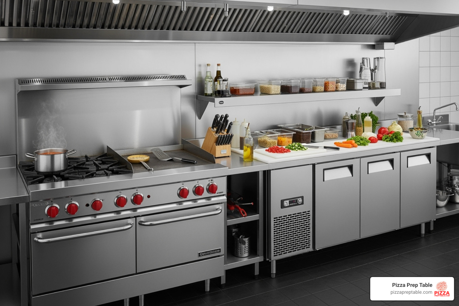 well-integrated kitchen line showing a prep table between a range and a refrigerated base - commercial kitchen prep table well-integrated kitchen line showing a prep table between a range and a refrigerated base - commercial kitchen prep table