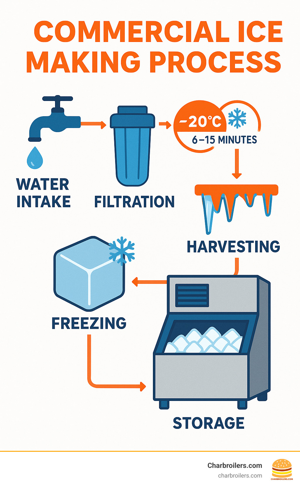 Infographic showing the commercial ice making process from water intake through filtration, freezing, harvesting, and storage, with temperature indicators and cycle timing for optimal ice production - commercial ice makers machines infographic  Infographic showing the commercial ice making process from water intake through filtration, freezing, harvesting, and storage, with temperature indicators and cycle timing for optimal ice production - commercial ice makers machines infographic