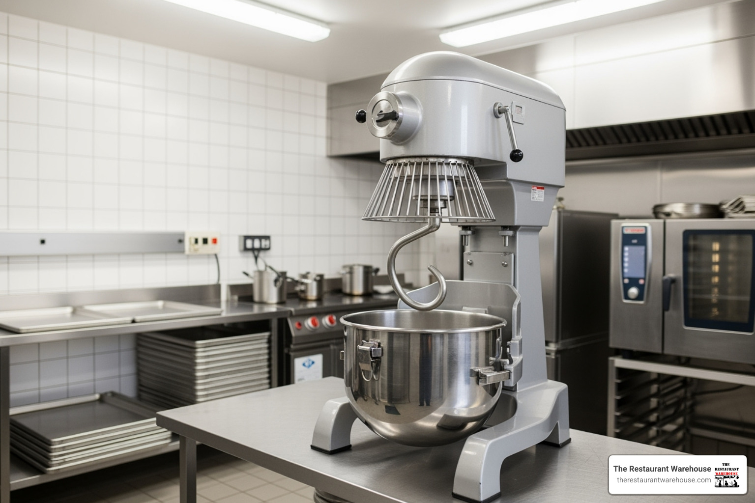 A large planetary mixer with a dough hook attachment in a commercial kitchen - commercial food prep equipment