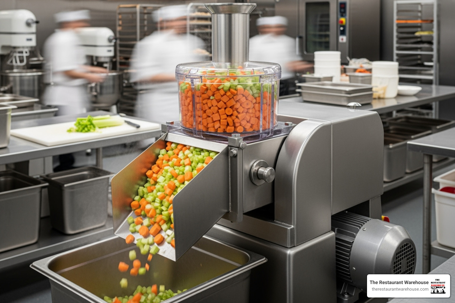 A continuous-feed food processor dicing vegetables in a high-volume kitchen - commercial food prep equipment