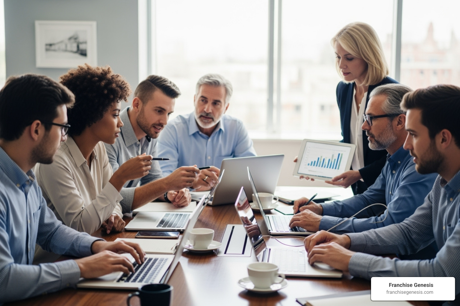 A team collaborating using tablets and computers - franchise unit growth