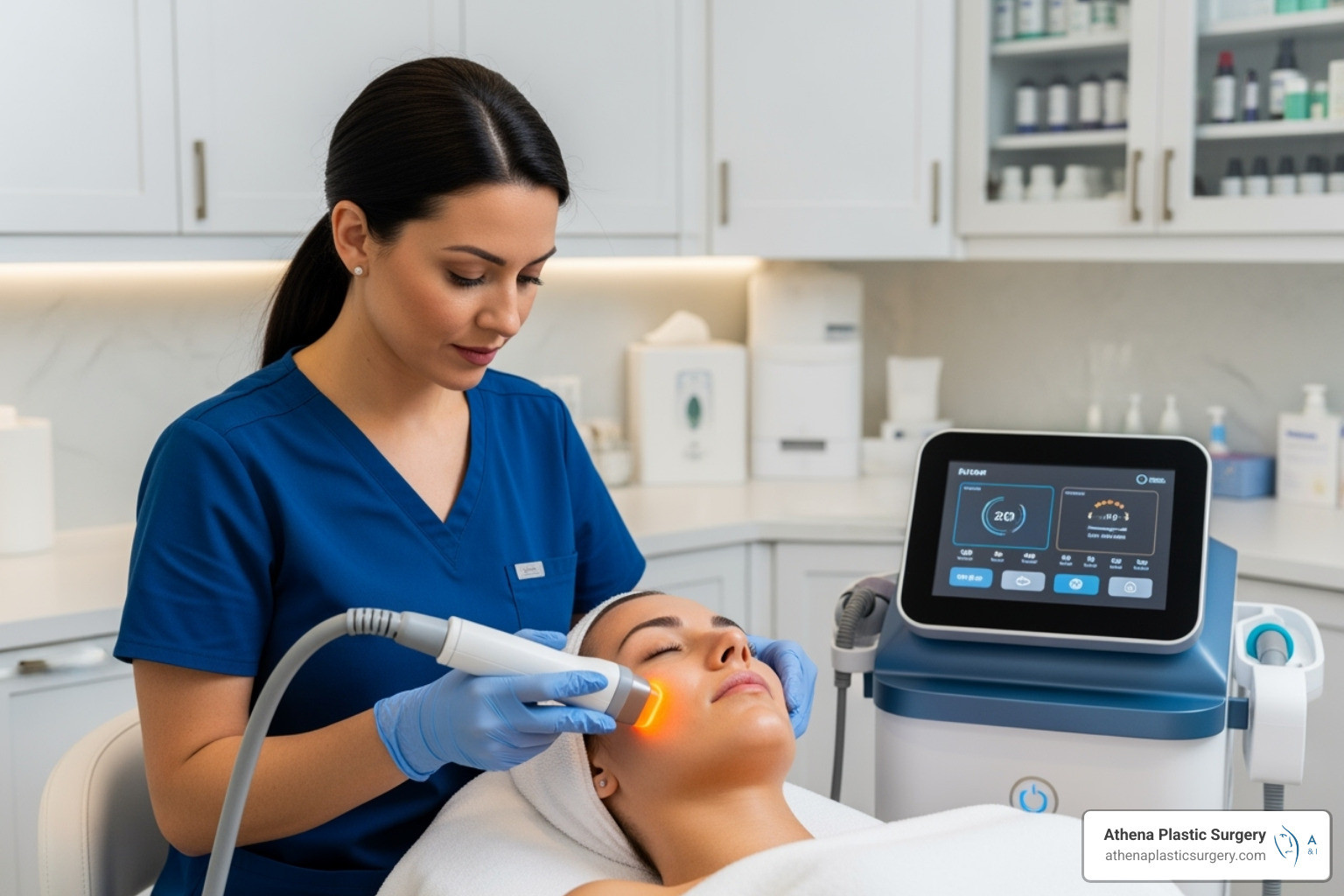 practitioner performing RF skin tightening on a patient's face - how many treatments of radio frequency skin tightening practitioner performing RF skin tightening on a patient's face - how many treatments of radio frequency skin tightening