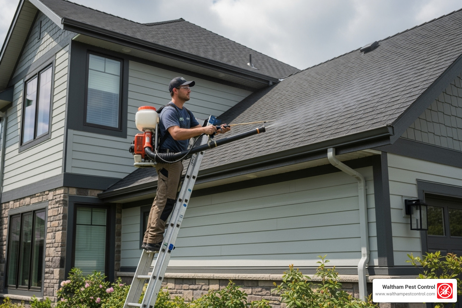 pest control technician treating the eaves of a house - carpenter bee pest control