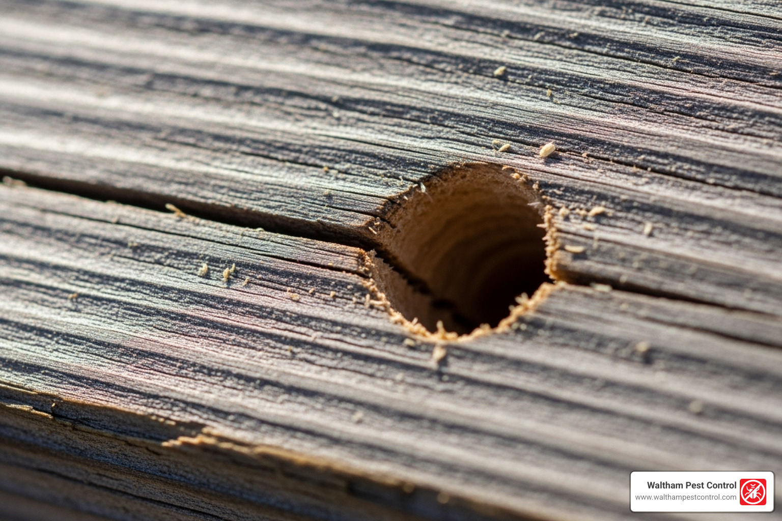 perfectly round, half-inch carpenter bee entry hole in a wooden beam - carpenter bee pest control