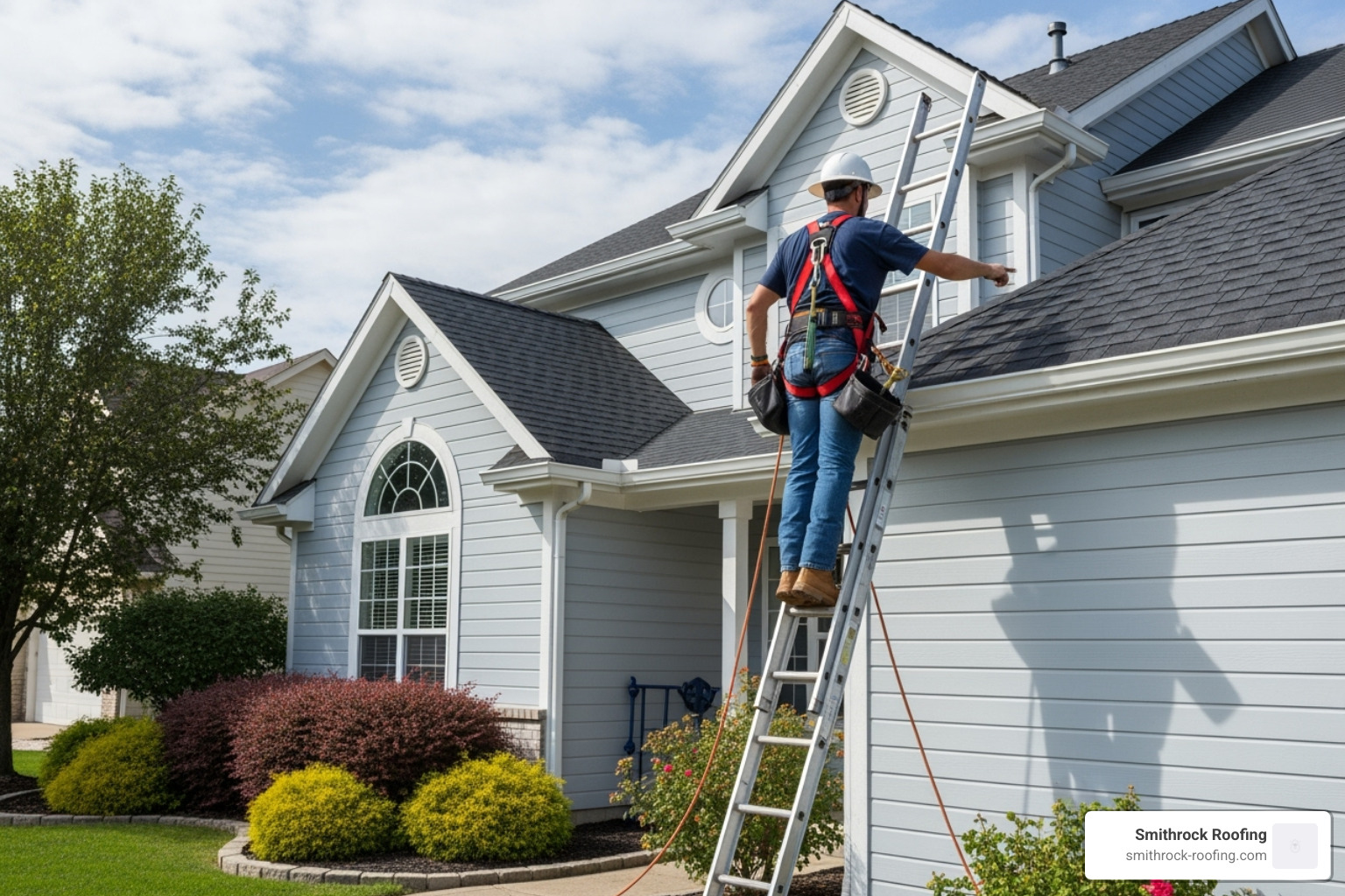 Roofer safely inspecting a roof on a ladder - roofers with free estimates