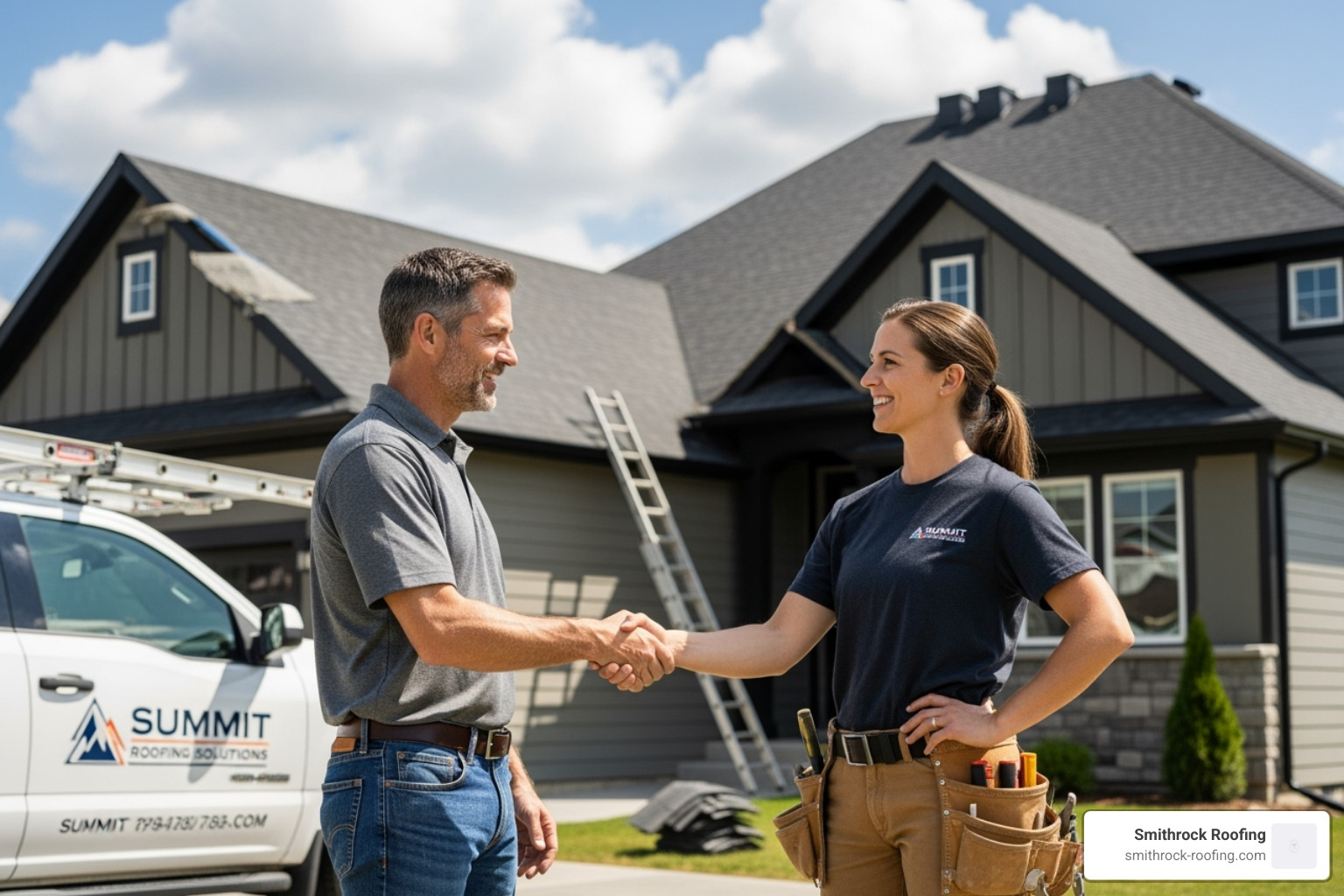 Homeowner shaking hands with a professional roofer - roofers with free estimates