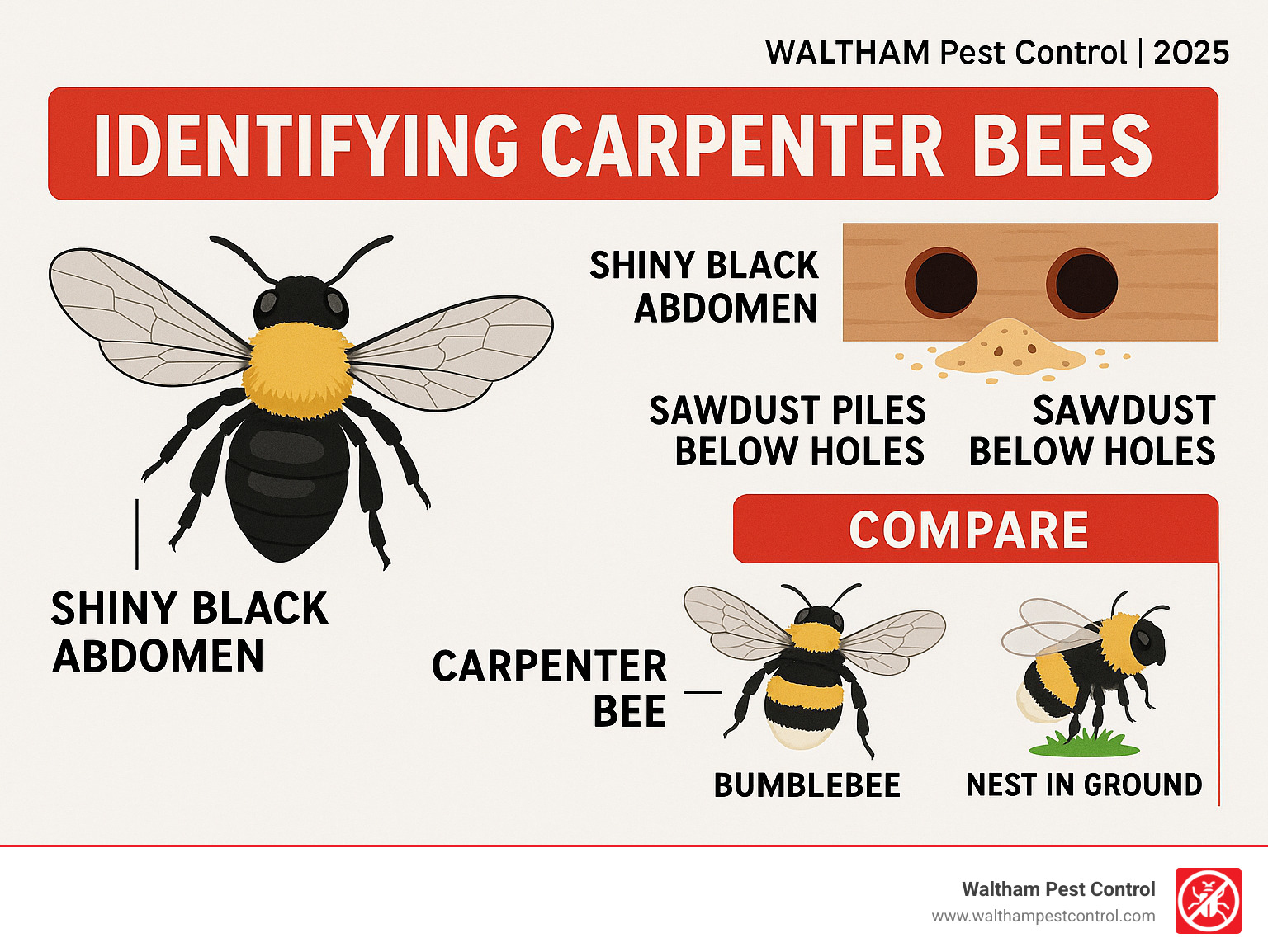 Infographic showing carpenter bee identification features including shiny black abdomen, half-inch round holes in wood, sawdust piles below holes, and comparison with fuzzy bumblebees that nest in ground - carpenter bee pest control infographic 