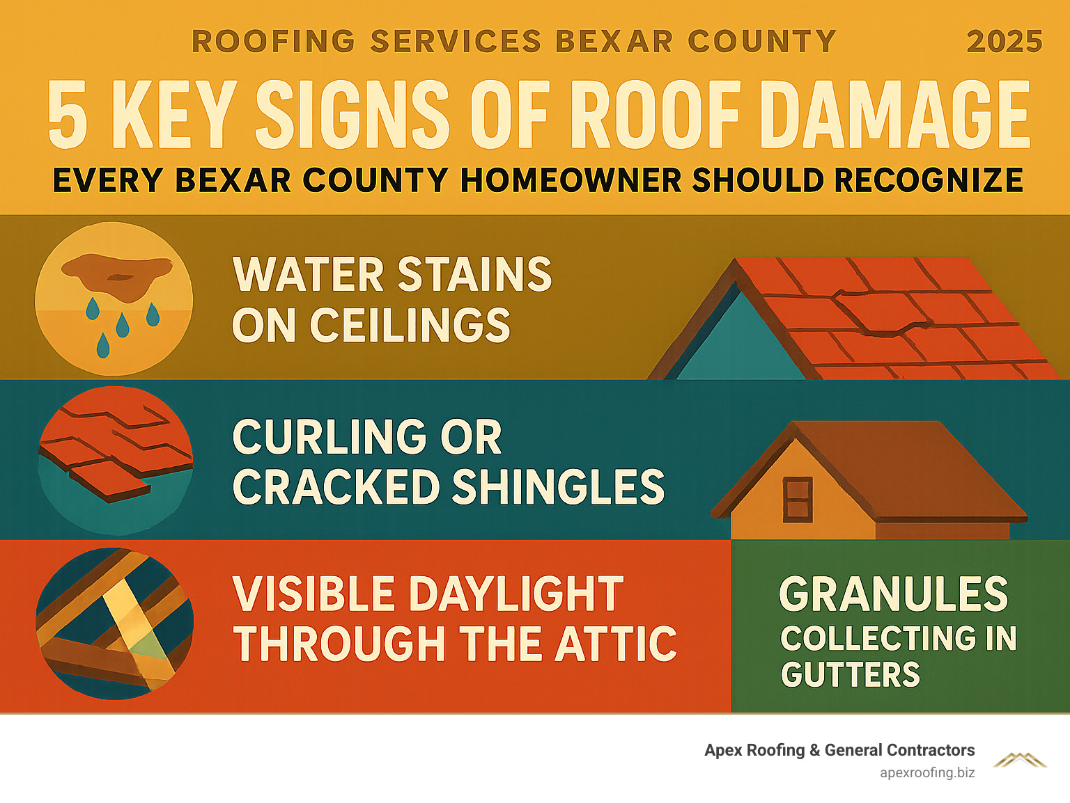Comprehensive guide showing the 5 key signs of roof damage every Bexar County homeowner should recognize: water stains on ceilings, curling or cracked shingles, sagging roof areas, visible daylight through the attic, and granules collecting in gutters - roofing services Bexar County infographic 