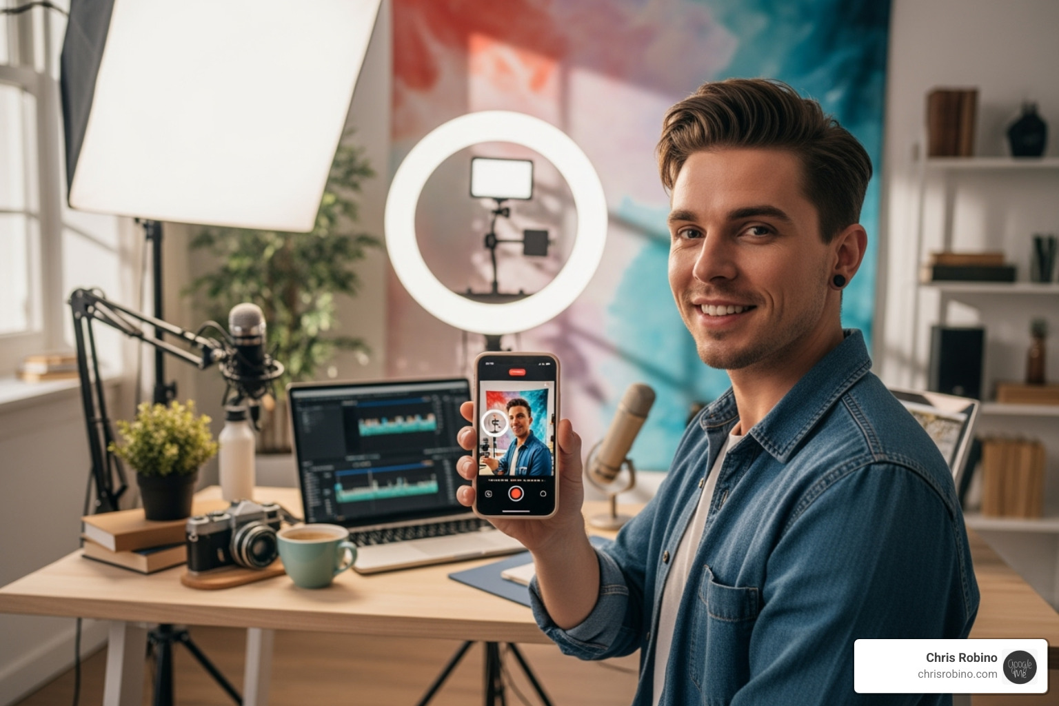 creator filming vertical video with a smartphone for social media - media production industry trends 2025