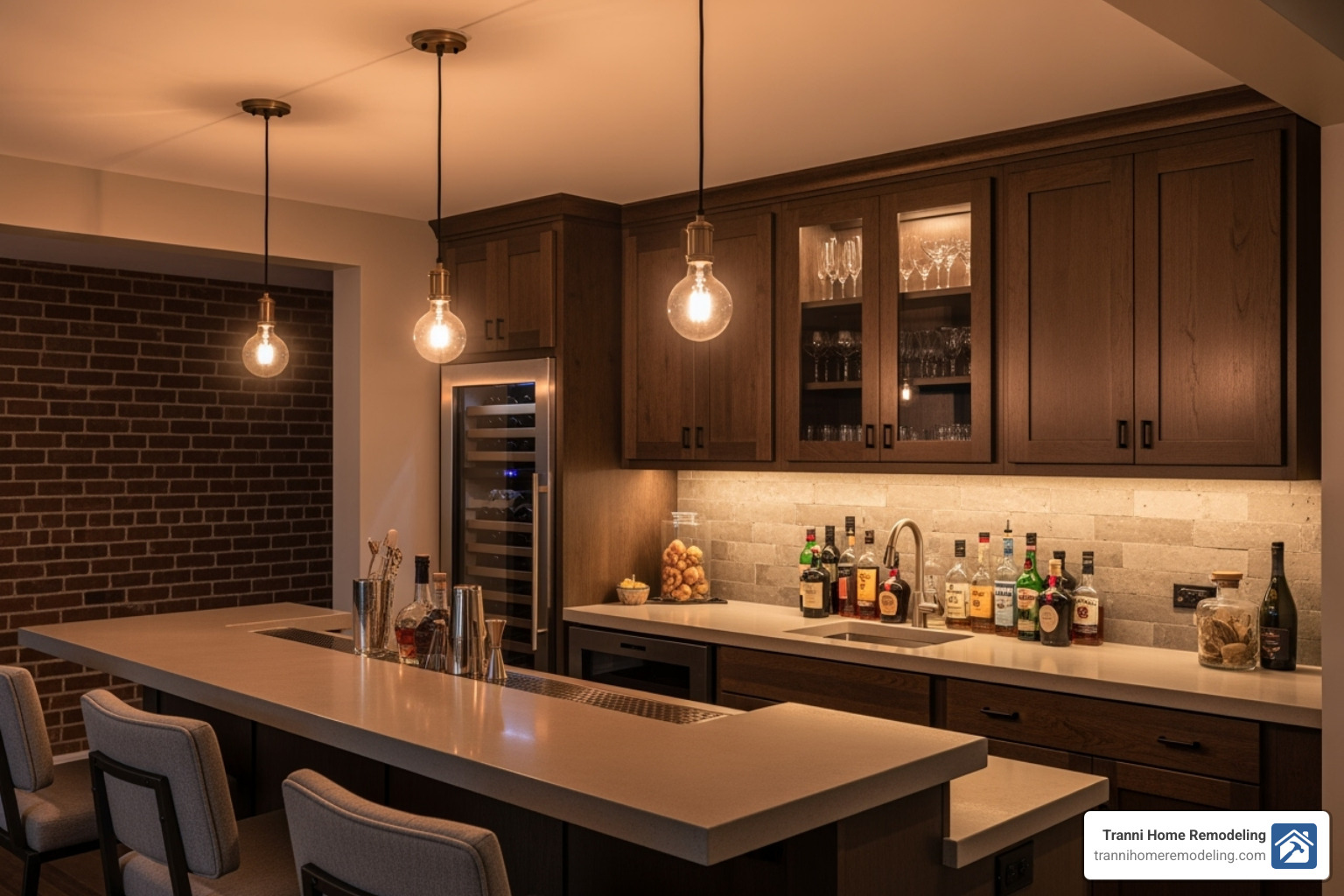 basement bar with layered lighting, including pendants and under-cabinet lights - Basement bar installation