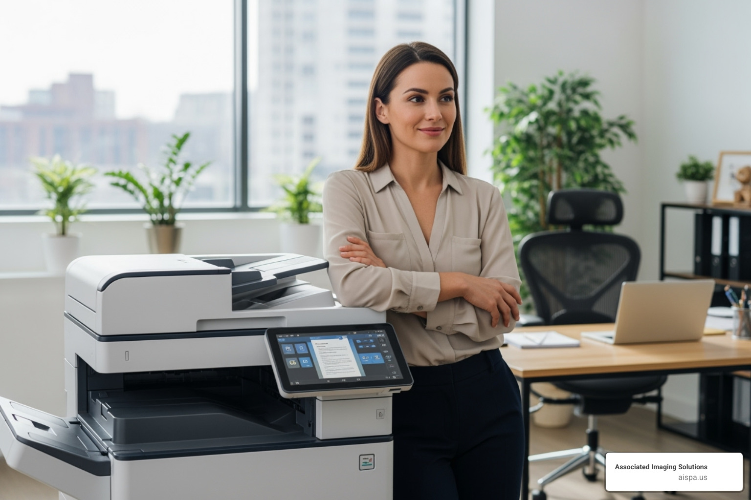 Image of a business owner looking relaxed next to a rented printer - Commercial printer rentals