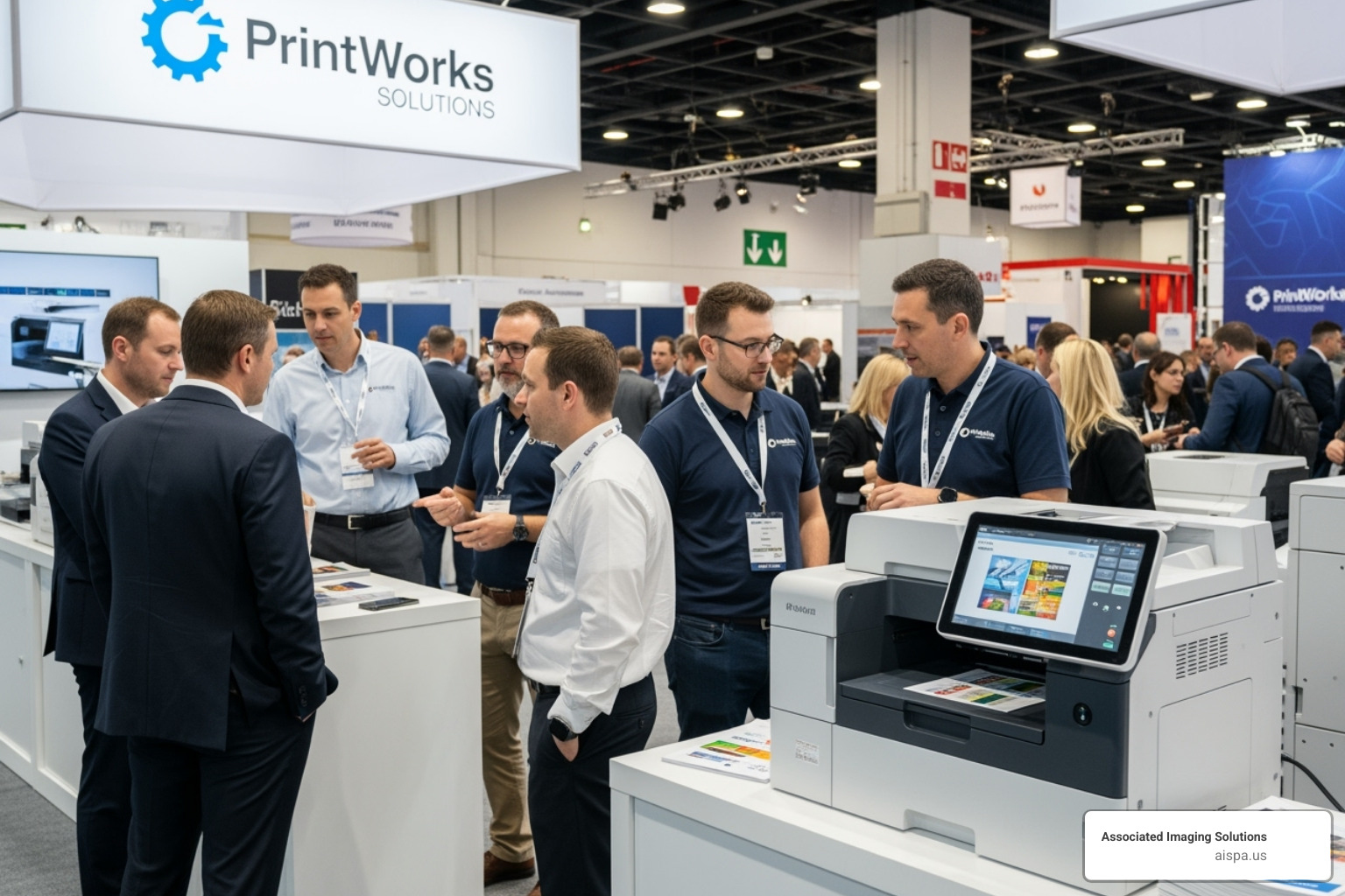 Image of a busy trade show booth with a printer - Commercial printer rentals