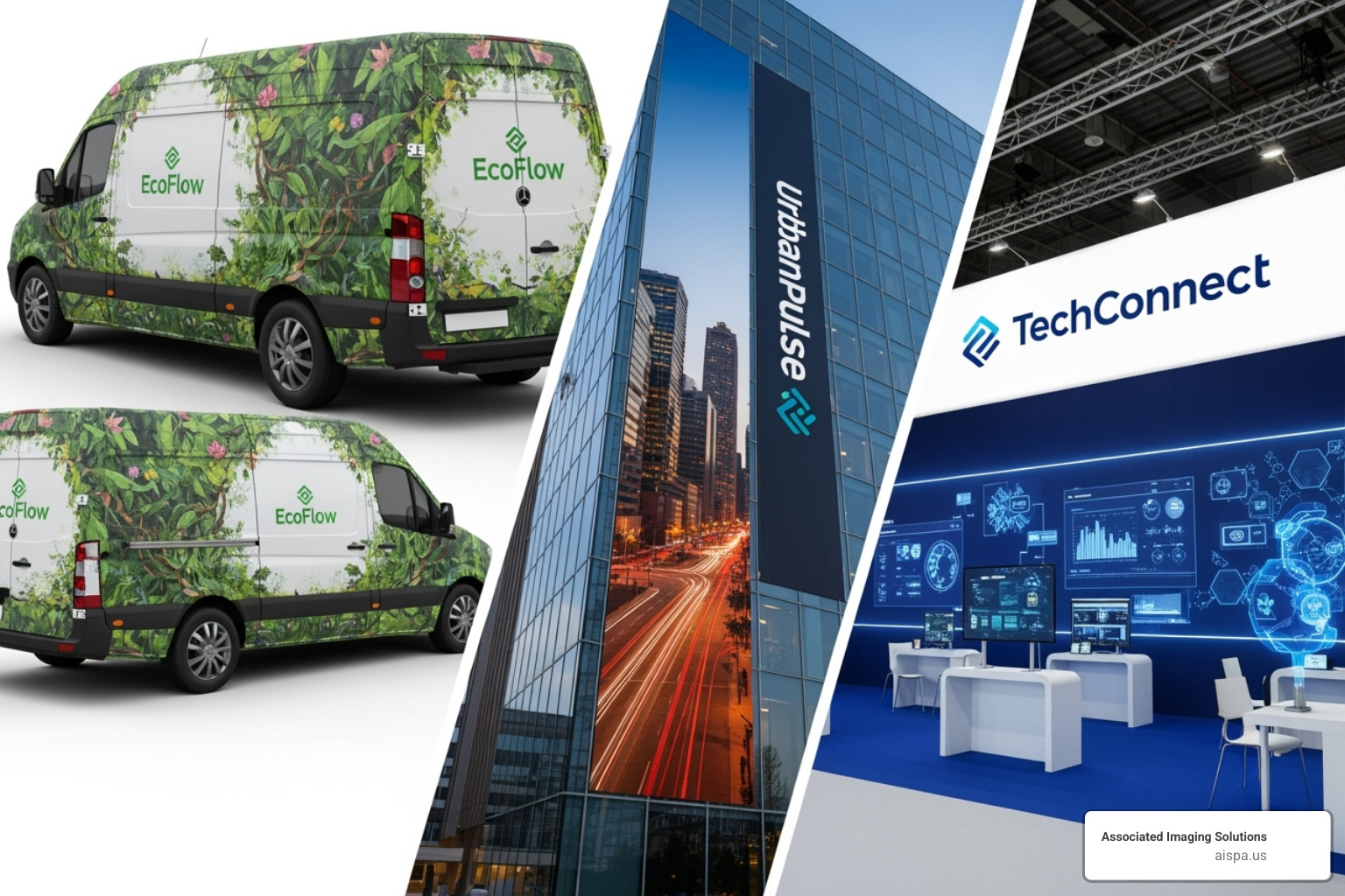 collage of diverse applications: a wrapped vehicle, a building banner, and a custom trade show booth - how do large format printers work