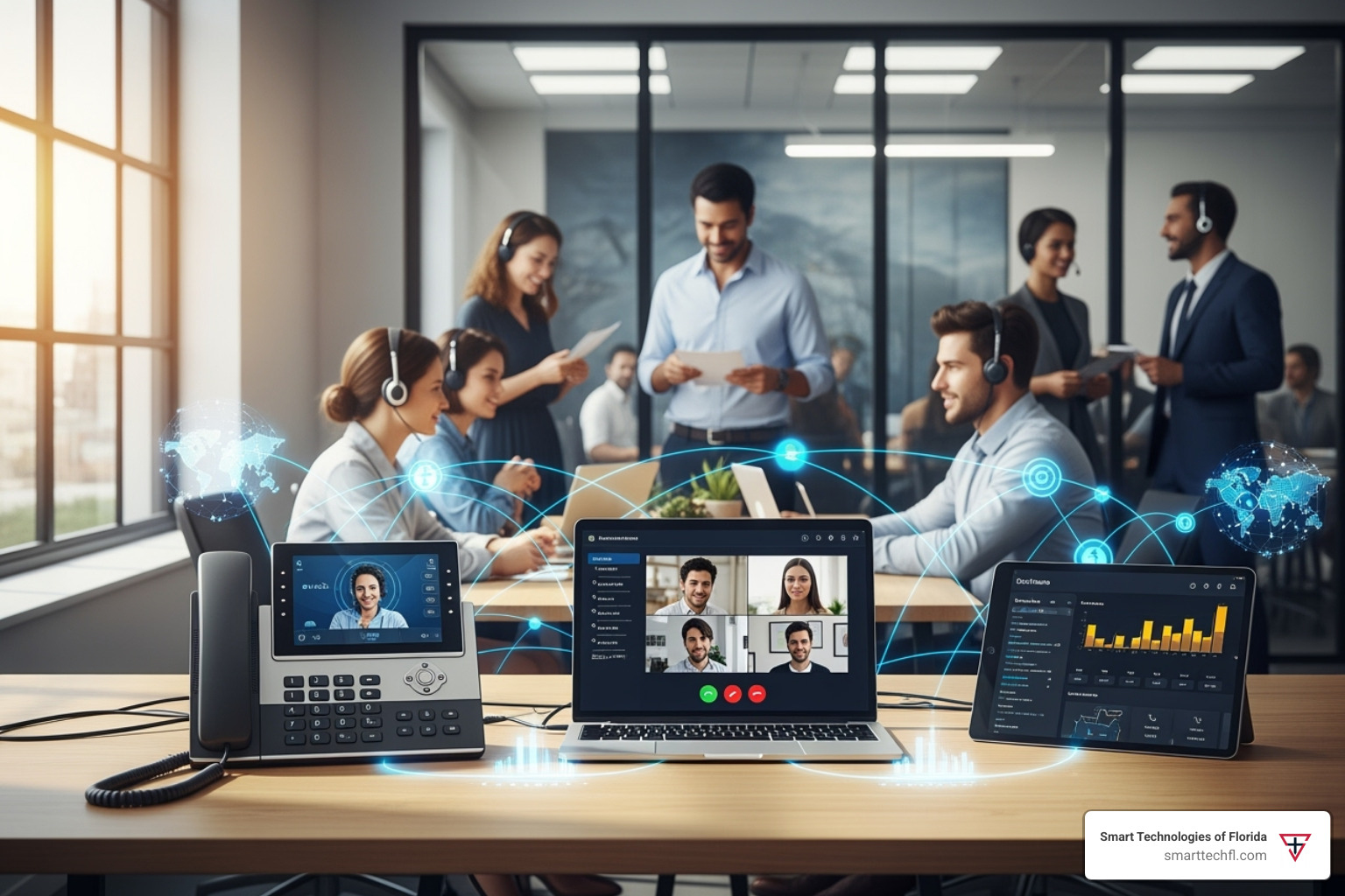 Dashboard showing call analytics and performance metrics, including call volume, average handling time, customer satisfaction scores, and agent performance, with various charts and graphs - enterprise voice communications
