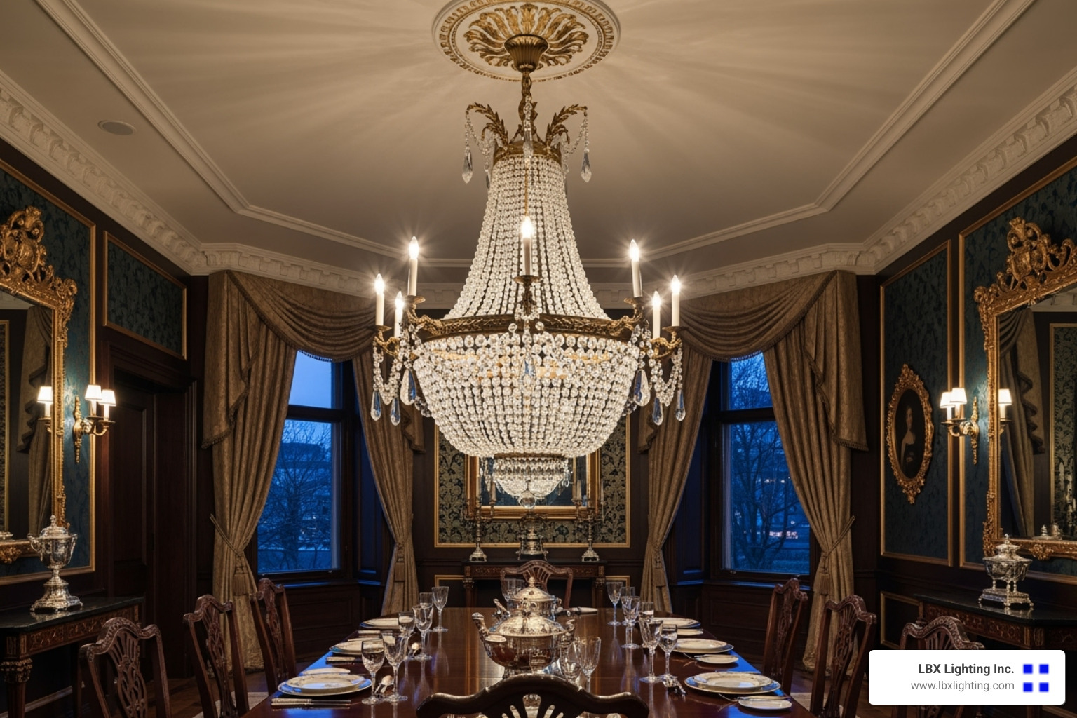 basket-shaped Empire chandelier dripping with crystals - antique dining room chandeliers