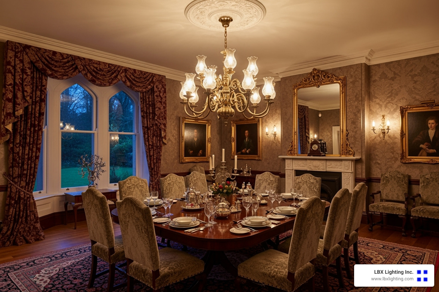 grand Victorian-style gasolier chandelier in a formal dining room - antique dining room chandeliers