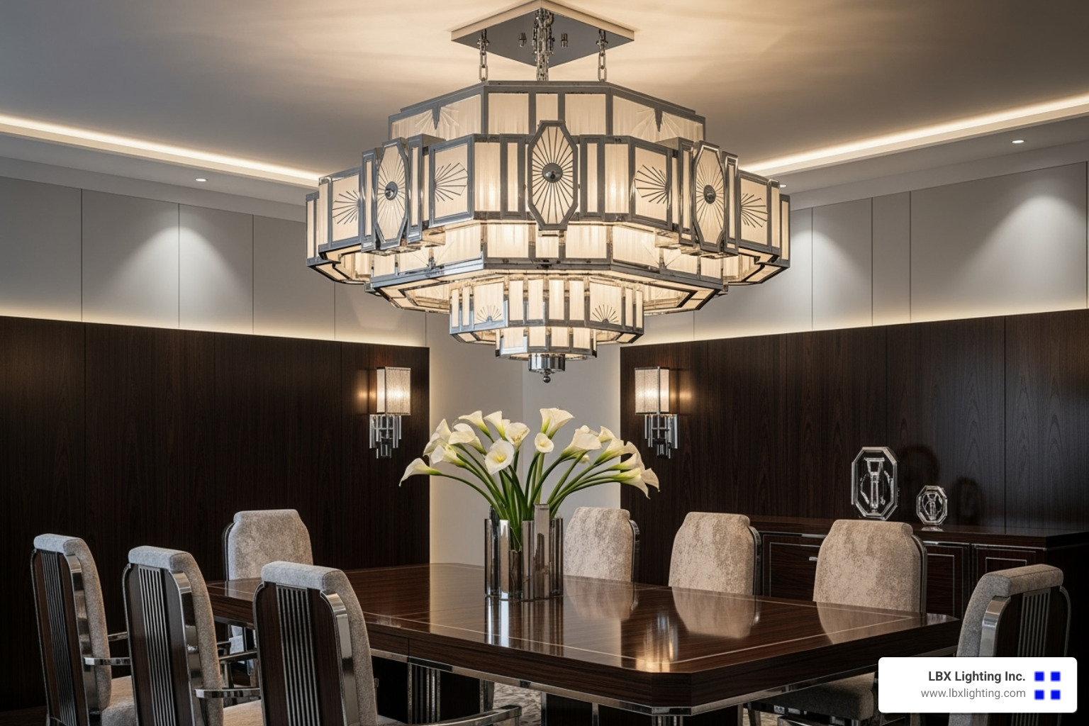 sleek Art Deco chandelier with bold geometric patterns - antique dining room chandeliers