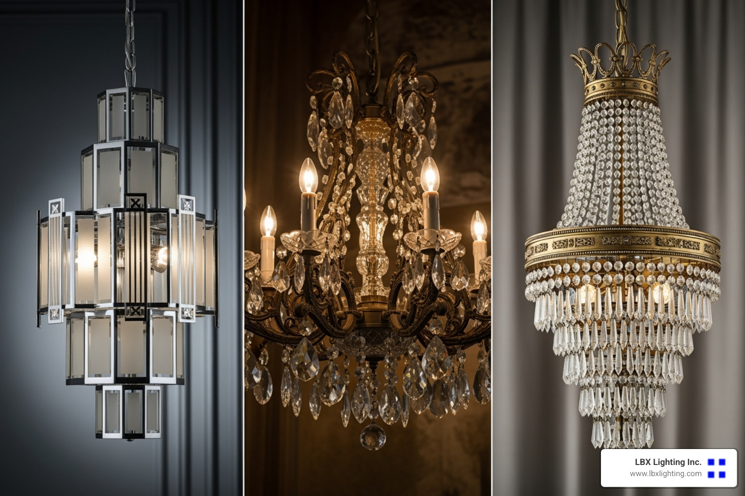 collage showcasing different antique chandelier styles like Victorian, Art Deco, and Empire - antique dining room chandeliers