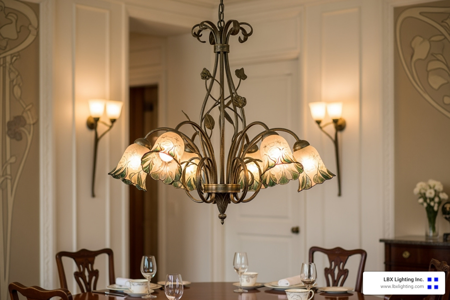 delicate Art Nouveau chandelier with flowing, curved lines - antique dining room chandeliers