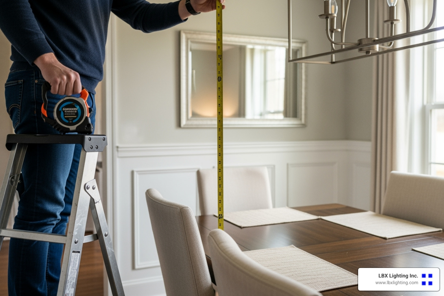 person measuring the space above their dining table for a chandelier - antique dining room chandeliers