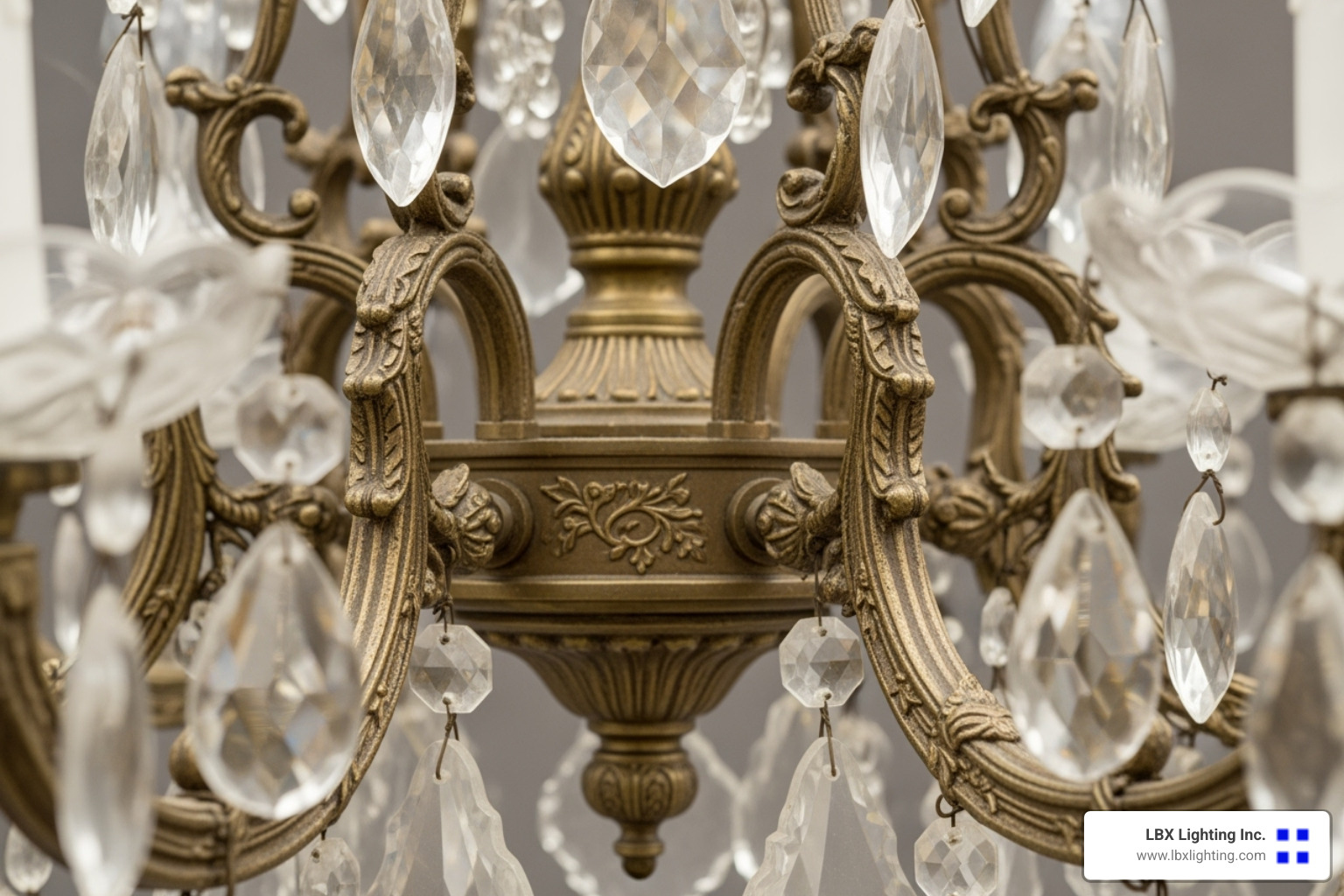 close-up shot of an antique chandelier showing detailed craftsmanship and a natural patina - antique dining room chandeliers