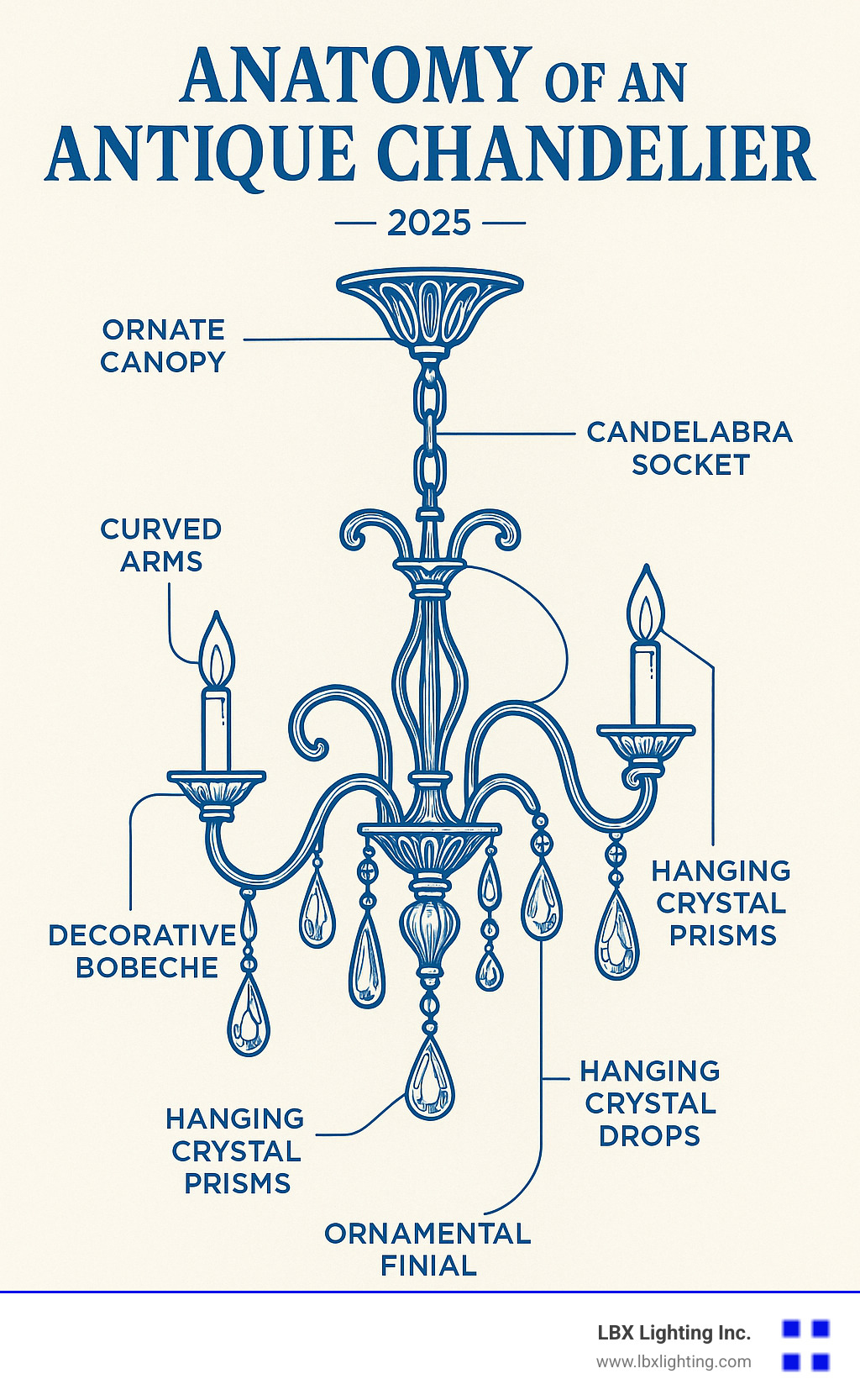 Infographic showing the anatomy of an antique chandelier with labeled parts including ornate canopy, curved arms with candelabra sockets, decorative bobeche, hanging crystal prisms and drops, and ornamental finial, displayed on a vintage-style background - antique dining room chandeliers infographic 