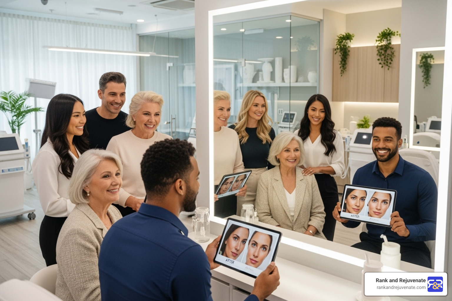 happy clients looking at results - Med spa ROI happy clients looking at results - Med spa ROI