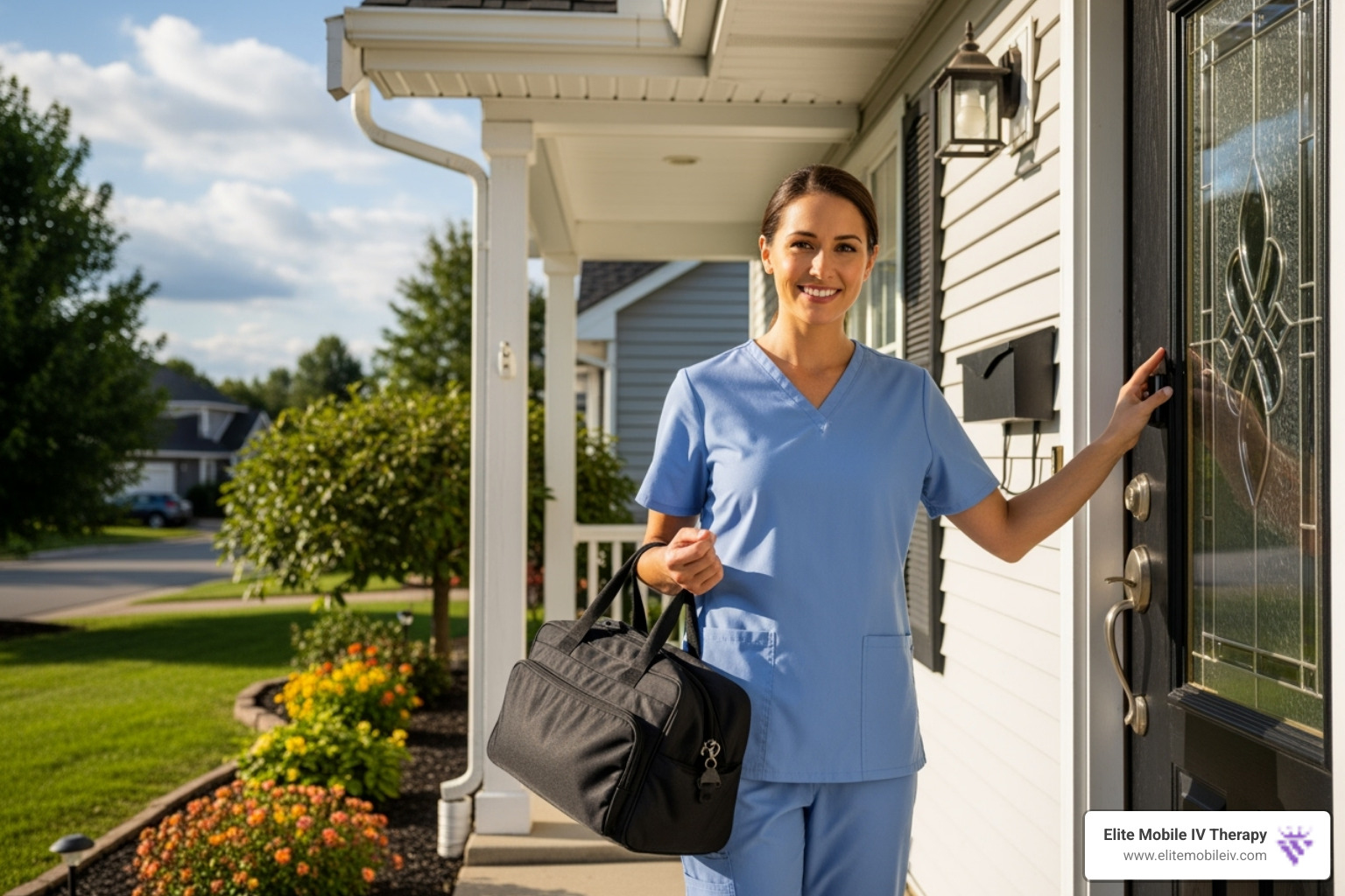Friendly nurse arriving at a client's front door with an equipment bag - mobile iv hangover