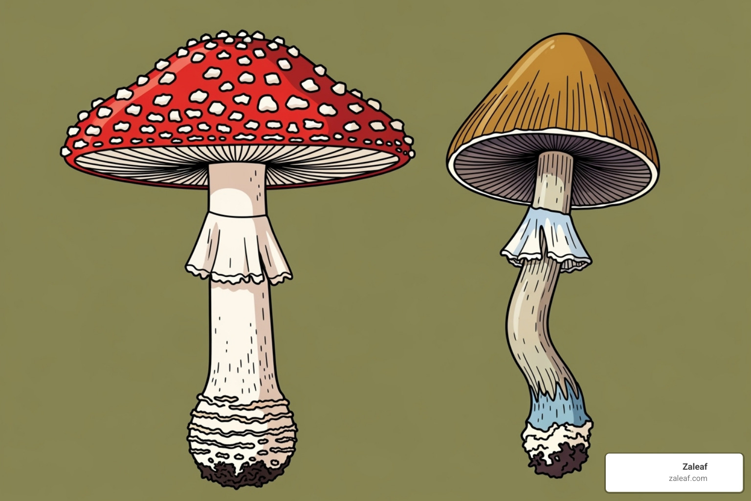 A stylized comparison of Amanita Muscaria and psilocybin mushrooms, highlighting their distinct cap shapes, colors, and stem characteristics - amanita mushroom vape