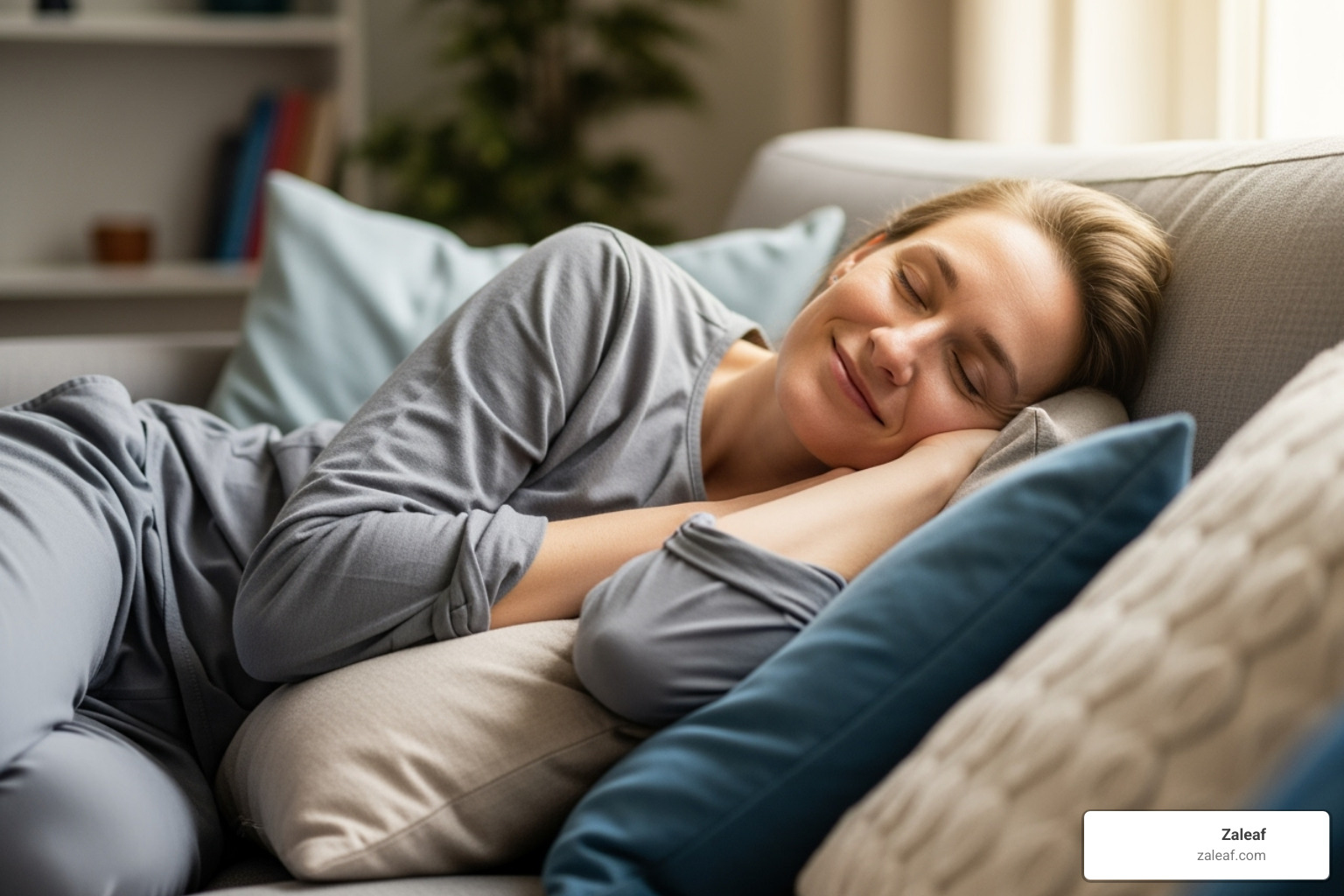 A person relaxing peacefully on a couch, smiling subtly as if experiencing calm and well-being - amanita mushroom vape