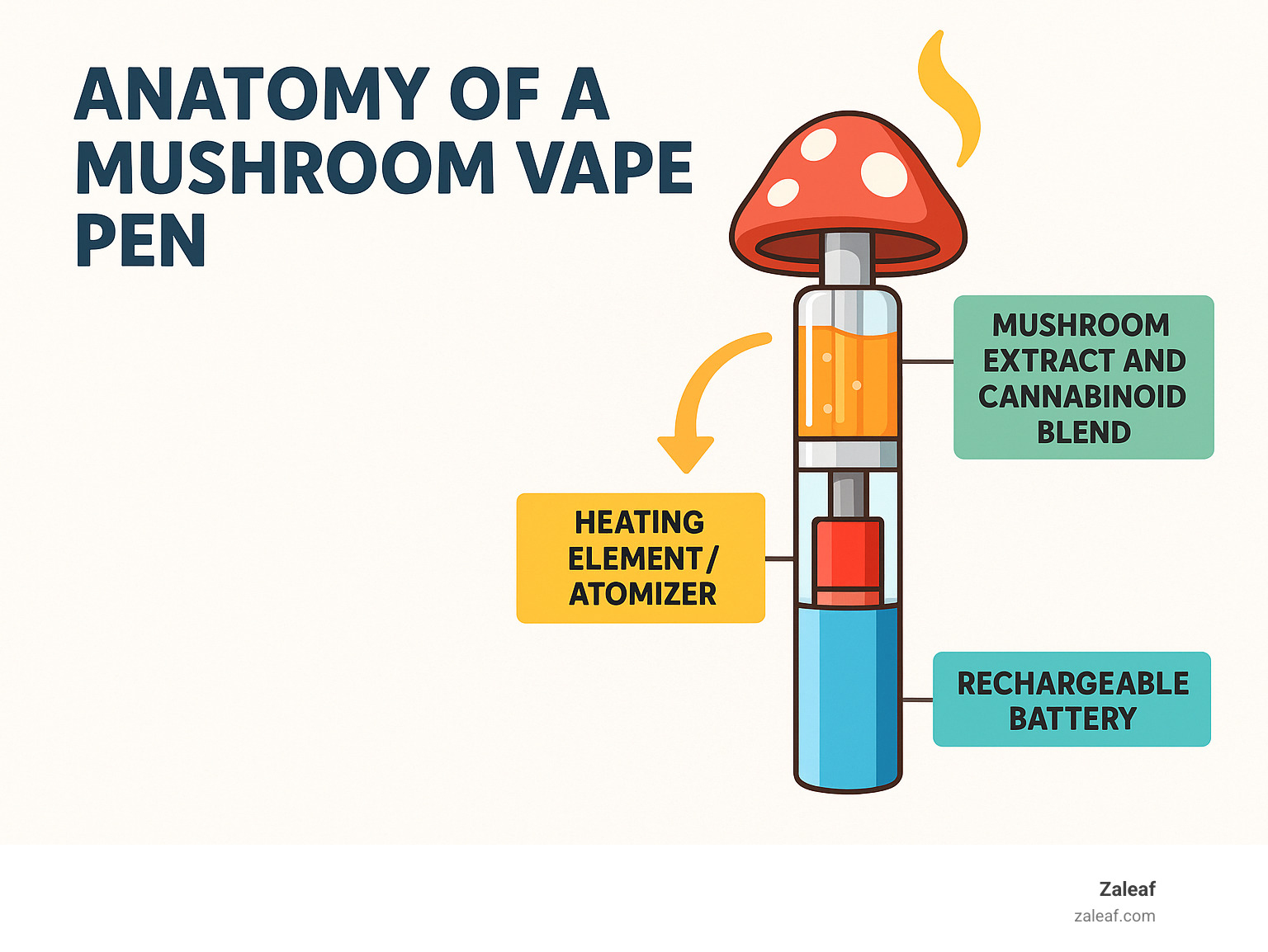 Infographic showing the anatomy of a mushroom vape pen with labeled components: rechargeable battery at the base, heating element/atomizer in the middle section, and cartridge containing mushroom extract and cannabinoid blend at the top, with arrows showing how the liquid transforms into vapor when heated - amanita mushroom vape infographic 