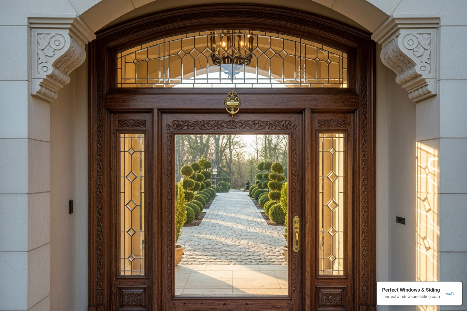 Grand entryway with a custom wood door, sidelites, and a transom - custom solid wood exterior doors