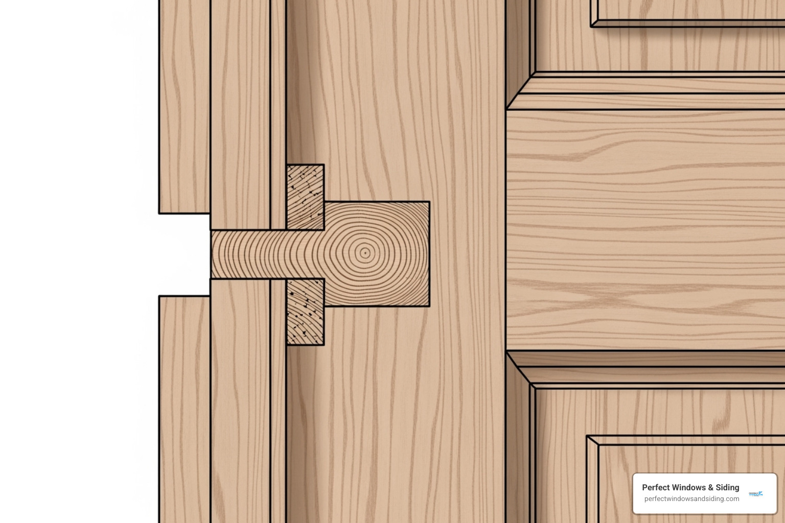 Cross-section of a door showing mortise and tenon joinery - custom solid wood exterior doors