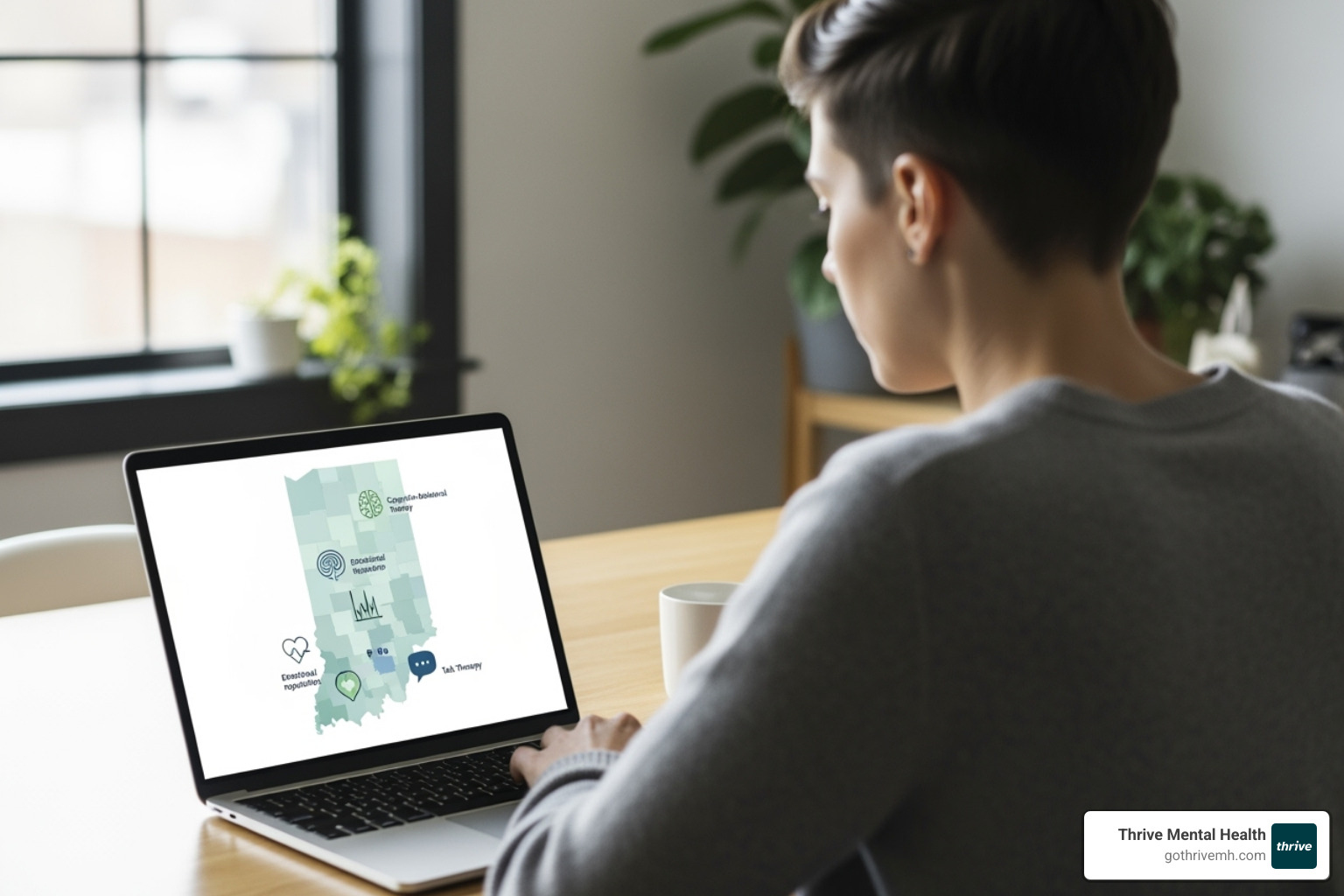 A person looking at a laptop screen showing a map of Indiana and various therapy options - Group therapy Indiana
