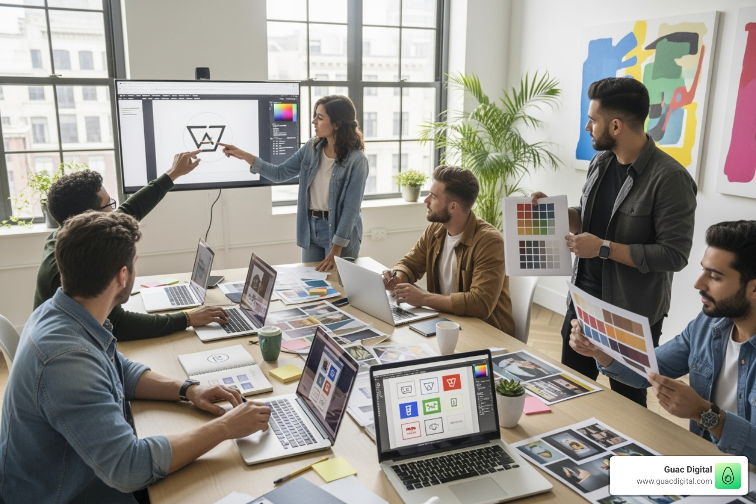 A flat lay image of a designer's desk showing various elements: a sketchbook with logo ideas, color swatches, a laptop displaying design software, pens, and a coffee cup, illustrating the creative process of brand identity design - brand identity creation
