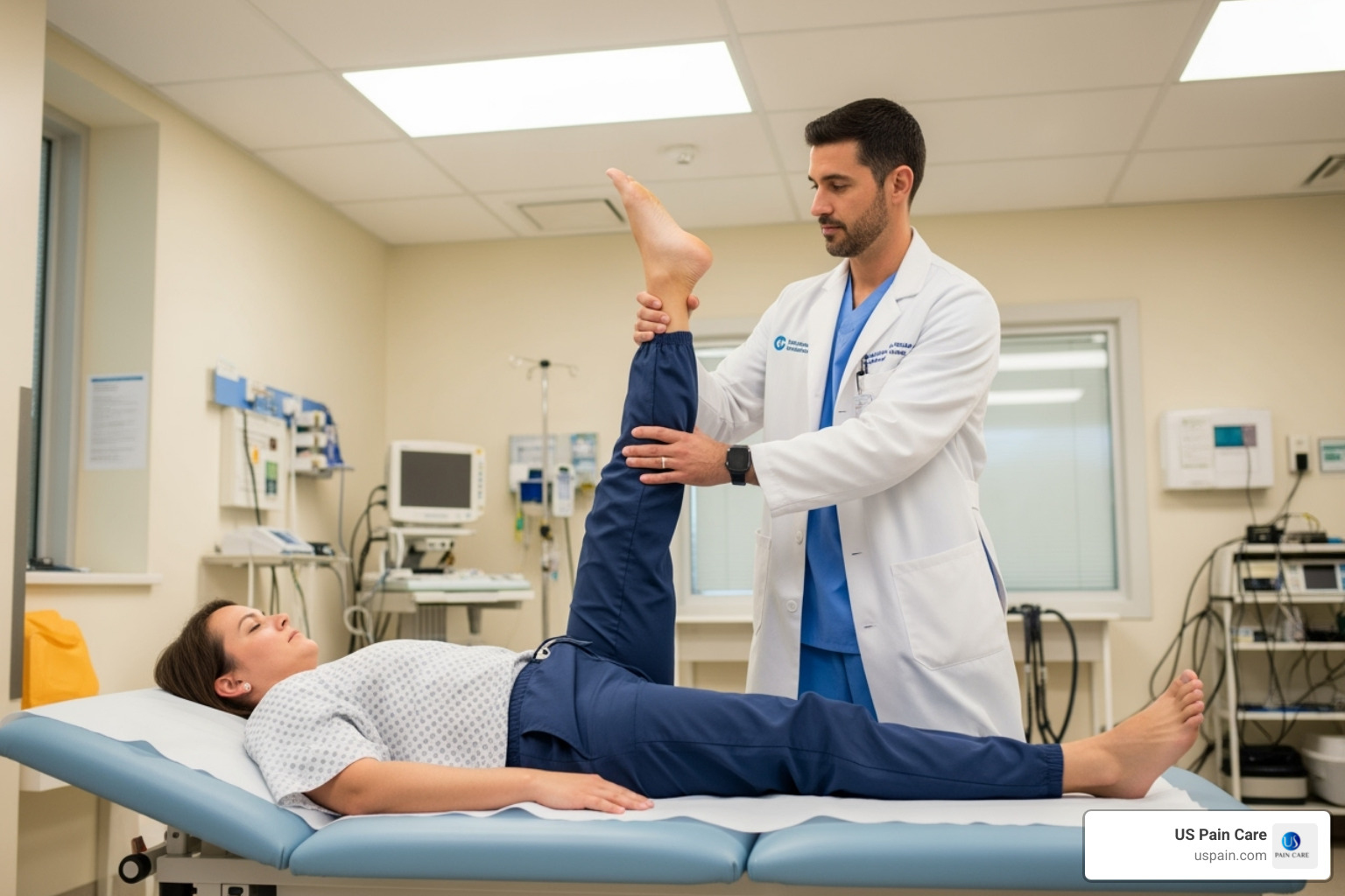 Doctor performing straight leg raise test - lumbar spine disc herniation treatment