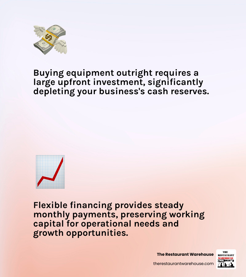 Infographic showing cash flow comparison: buying equipment outright shows large upfront expense depleting cash reserves, while financing shows steady monthly payments preserving working capital for operations, inventory, and growth opportunities - flexible restaurant equipment financing infographic 2_facts_emoji_light-gradient