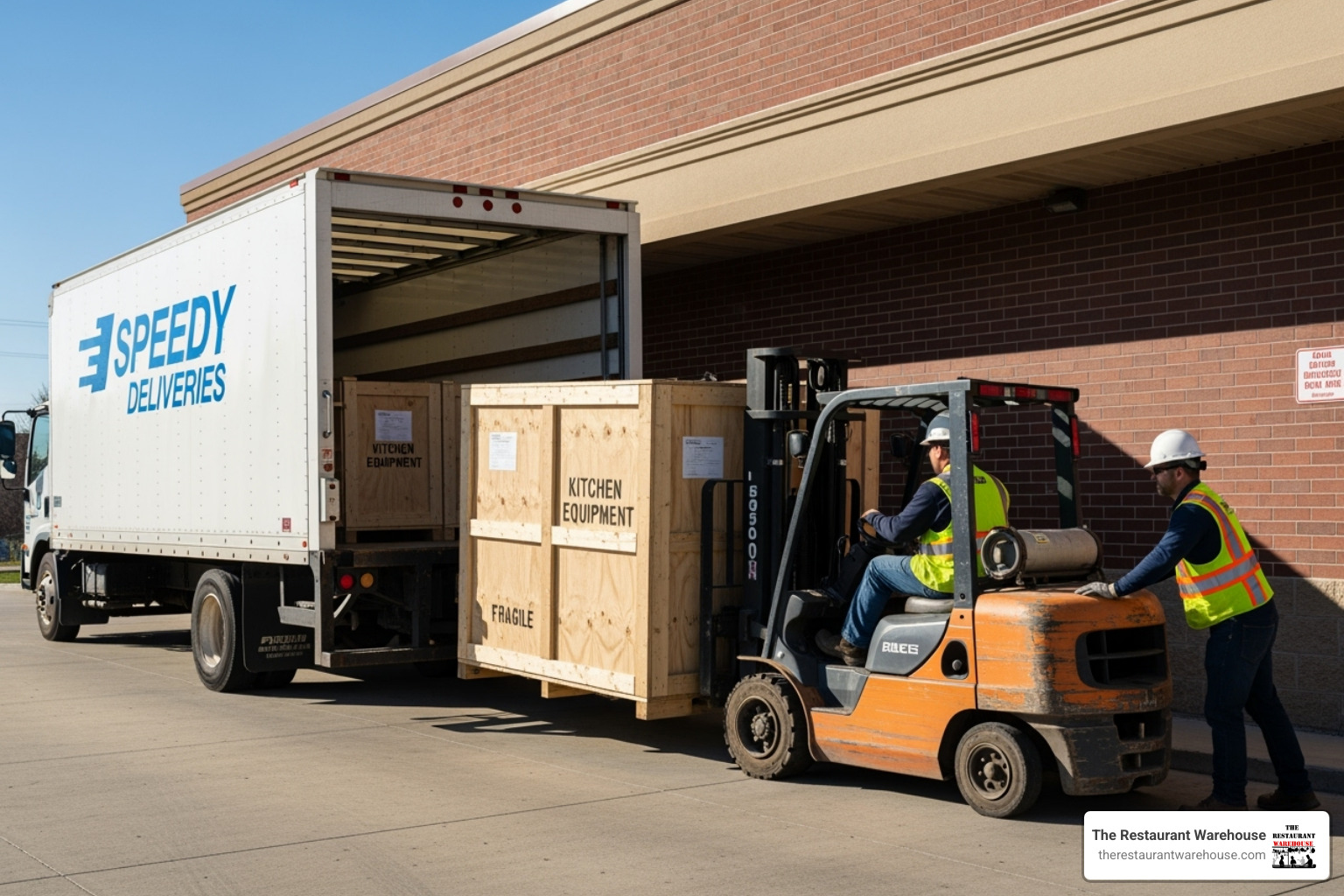 Delivery truck dropping off new, crated kitchen equipment - flexible restaurant equipment financing