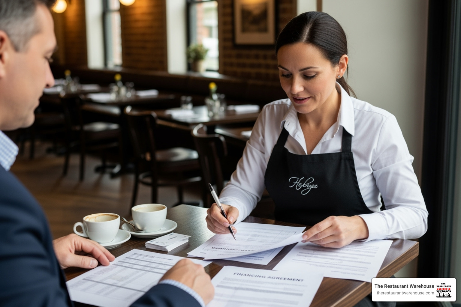 Restaurant owner reviewing financing documents with a supplier - flexible restaurant equipment financing