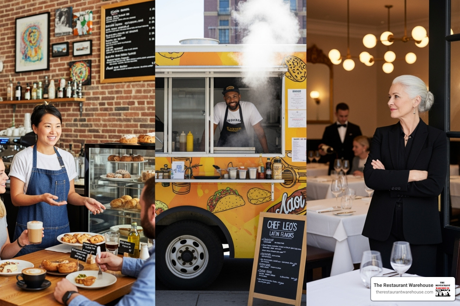 Diverse group of restaurant owners (cafe, food truck, fine dining) in their respective environments - flexible restaurant equipment financing
