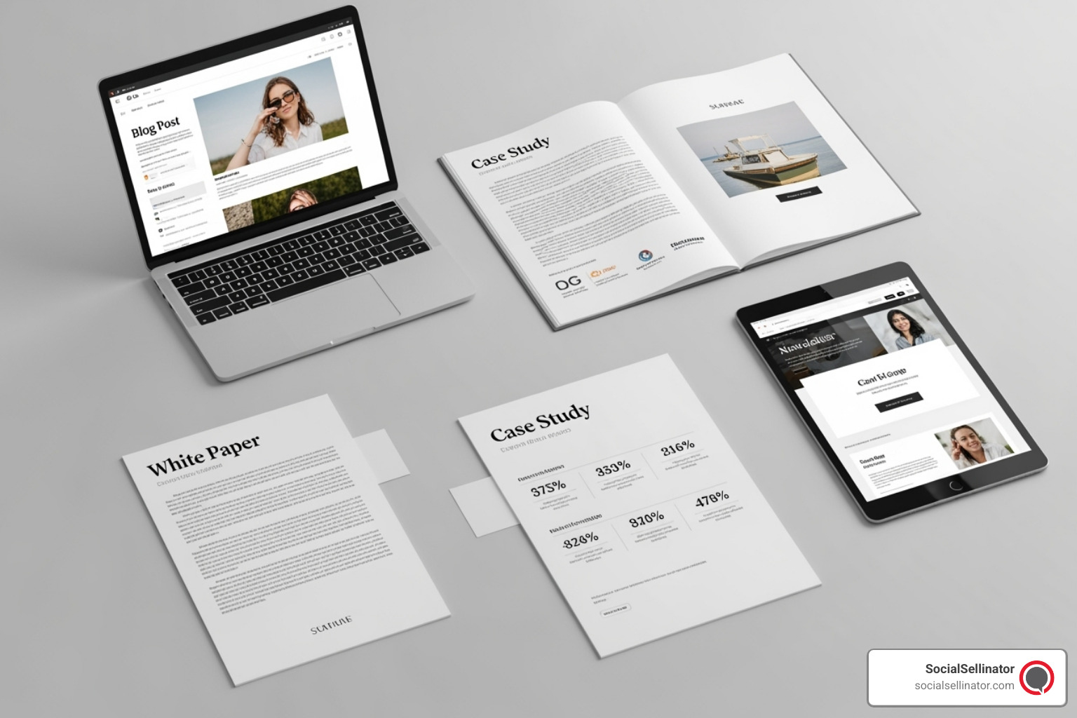 Collage of different content types including a blog post, a white paper, a case study, and an email newsletter - saas content writing agency