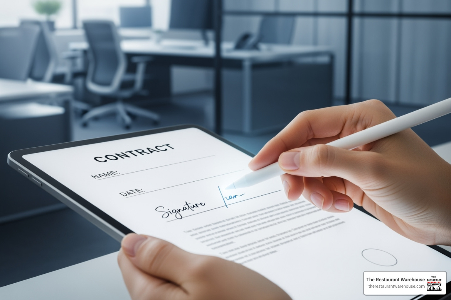 person signing digital contract - restaurant equipment financing company