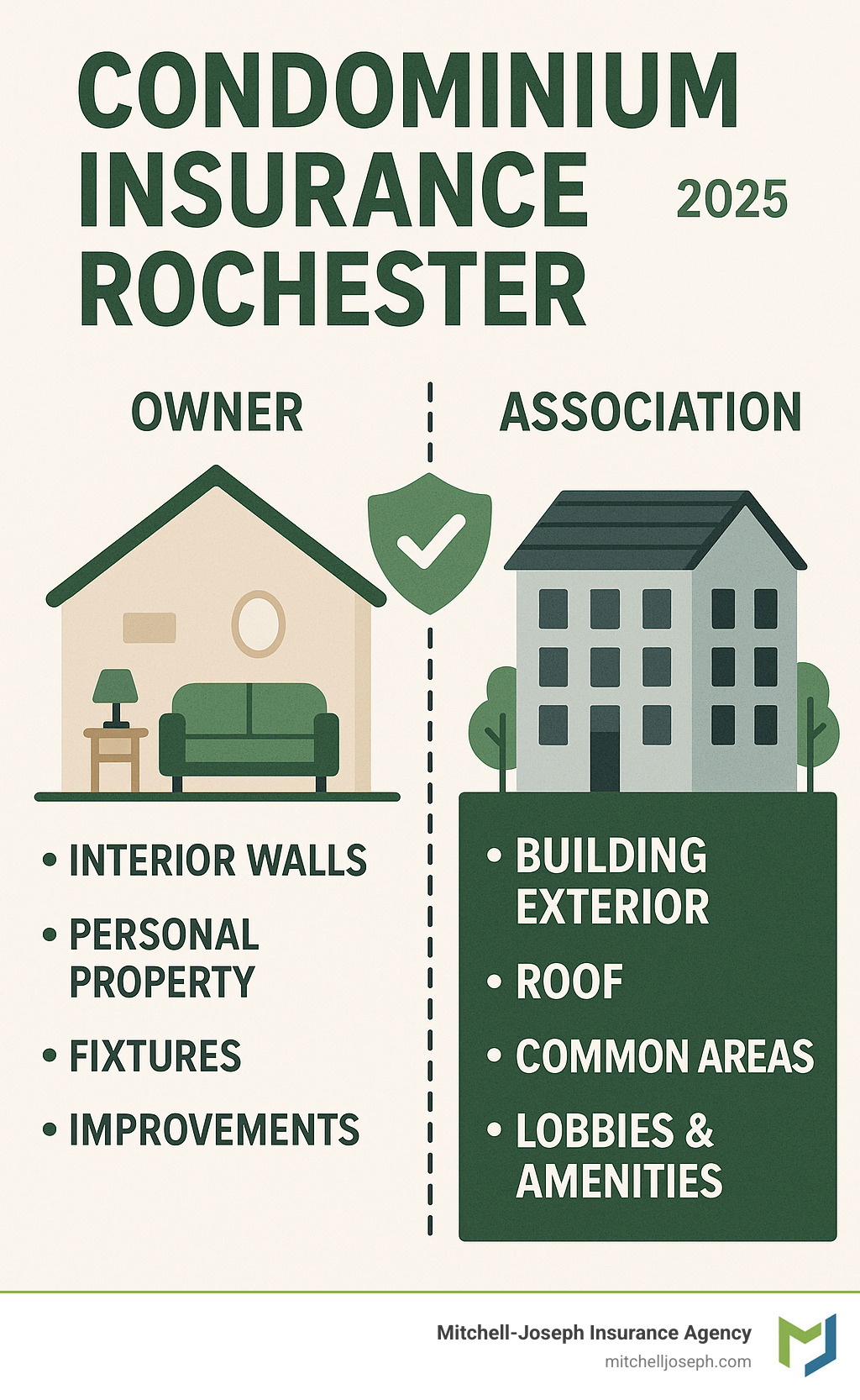 Infographic showing the division of insurance responsibilities between condo owners and associations, with the owner responsible for interior walls, personal property, fixtures, and improvements inside their unit, while the association covers building exterior, roof, common areas, lobbies, and shared amenities - condominium insurance rochester infographic Infographic showing the division of insurance responsibilities between condo owners and associations, with the owner responsible for interior walls, personal property, fixtures, and improvements inside their unit, while the association covers building exterior, roof, common areas, lobbies, and shared amenities - condominium insurance rochester infographic
