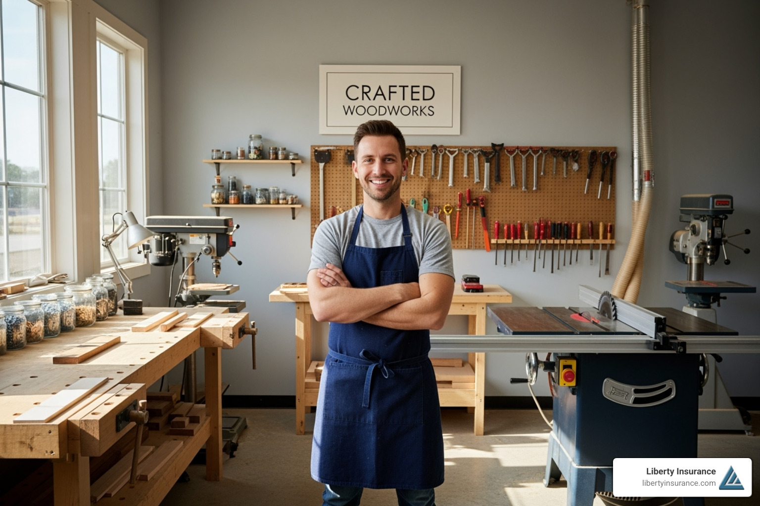Small business owner smiling confidently in a well-maintained workshop