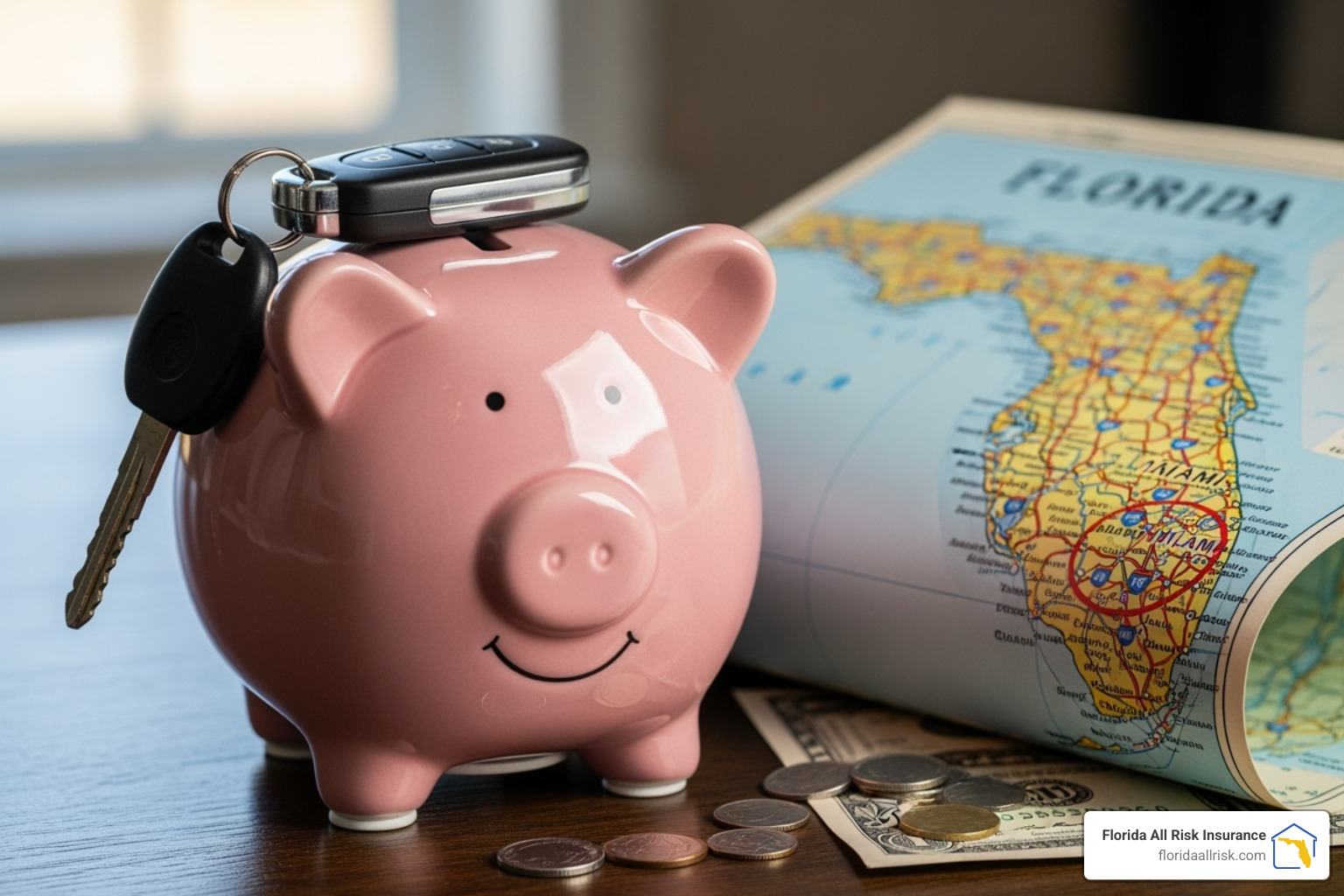 Piggy bank with car keys and a Florida map, symbolizing the cost of car insurance in Florida - Basic auto insurance Florida Piggy bank with car keys and a Florida map, symbolizing the cost of car insurance in Florida - Basic auto insurance Florida