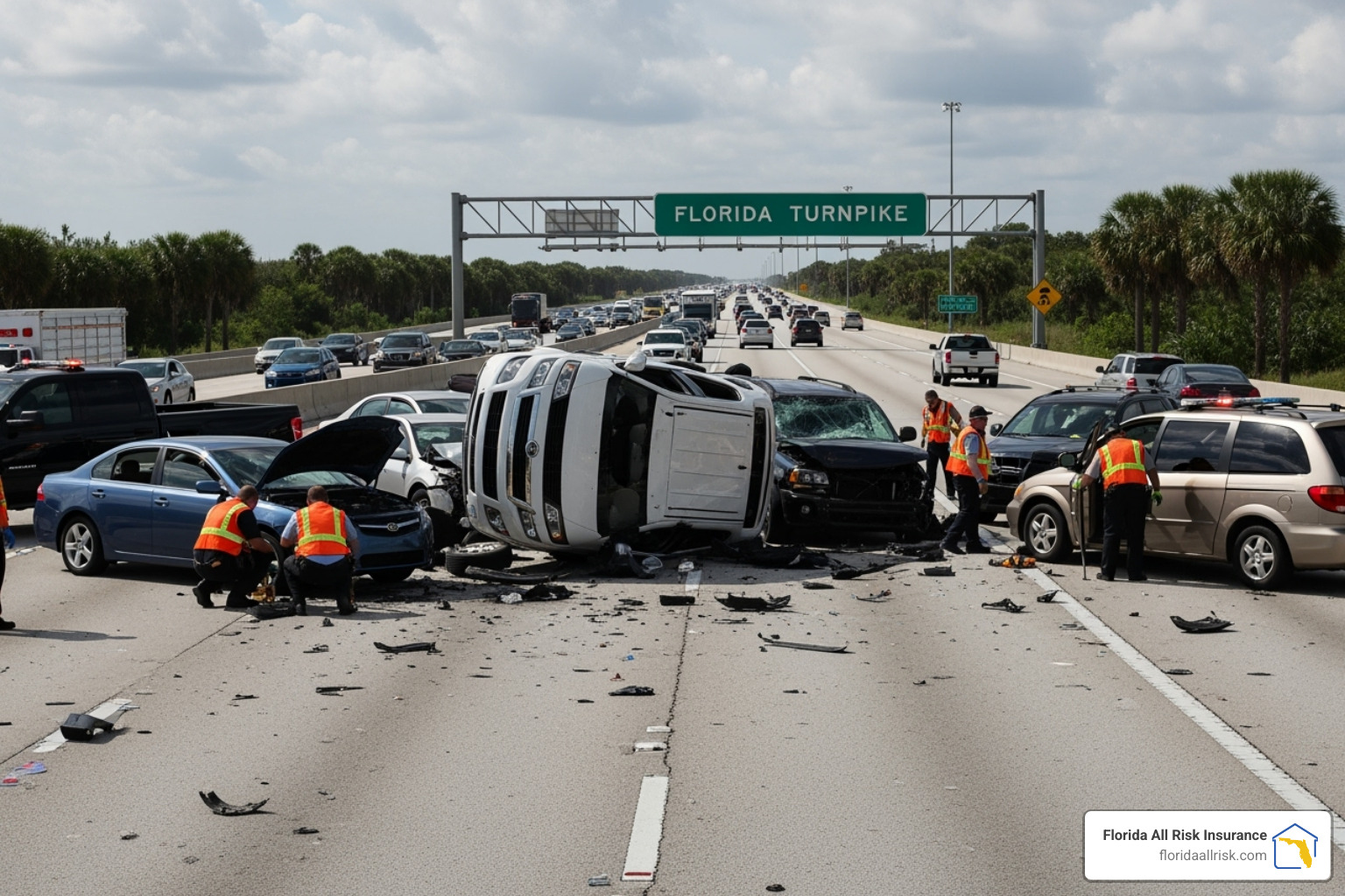Multi-car accident on a Florida highway, illustrating financial risks beyond basic auto insurance - Basic auto insurance Florida Multi-car accident on a Florida highway, illustrating financial risks beyond basic auto insurance - Basic auto insurance Florida