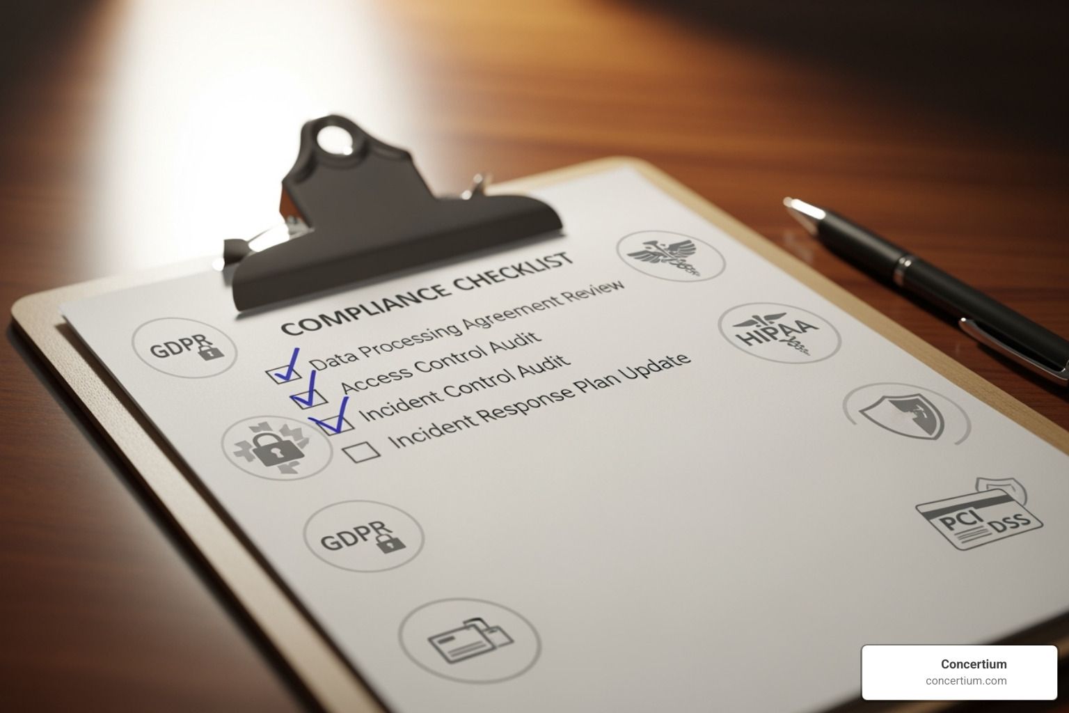 Checklist with regulatory logos like GDPR, HIPAA, PCI DSS - IT governance and compliance